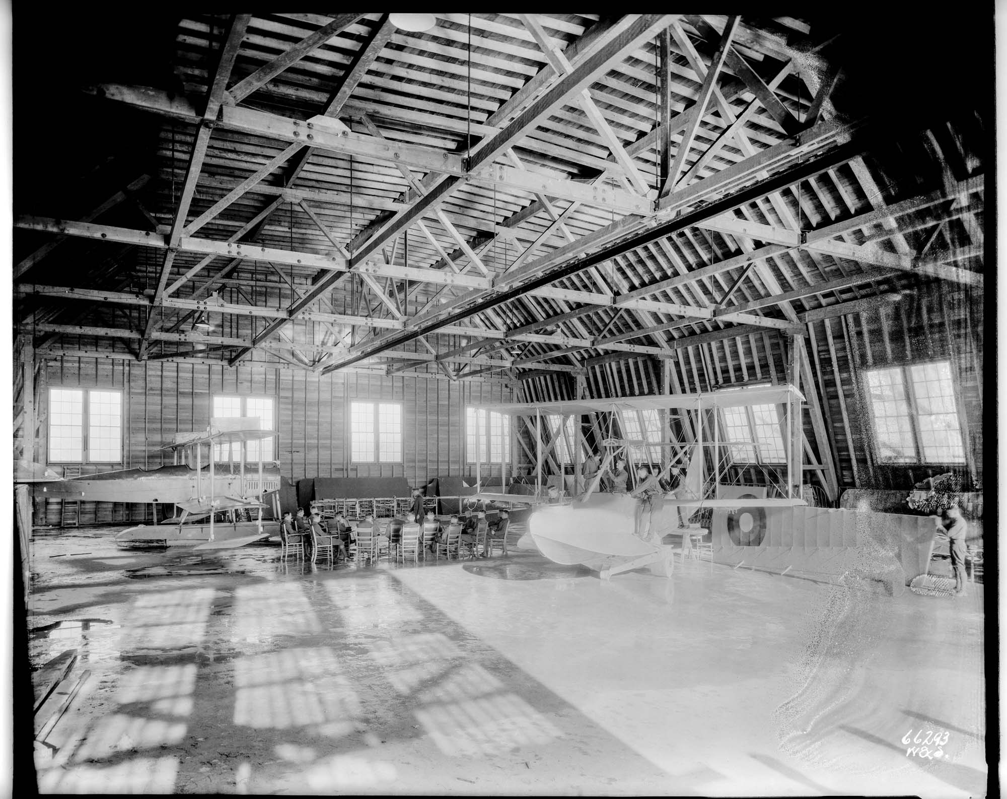 Image of Hangar interior at naval training camp, Seattle, circa 1918