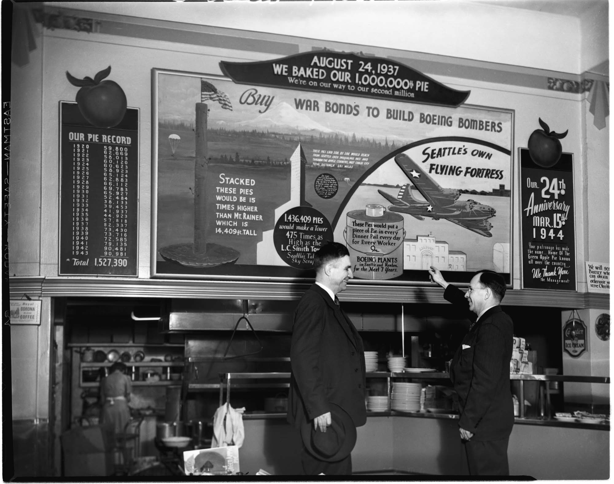 Image of War bond sign at Home of the Green Apple Pie, Seattle, 1945