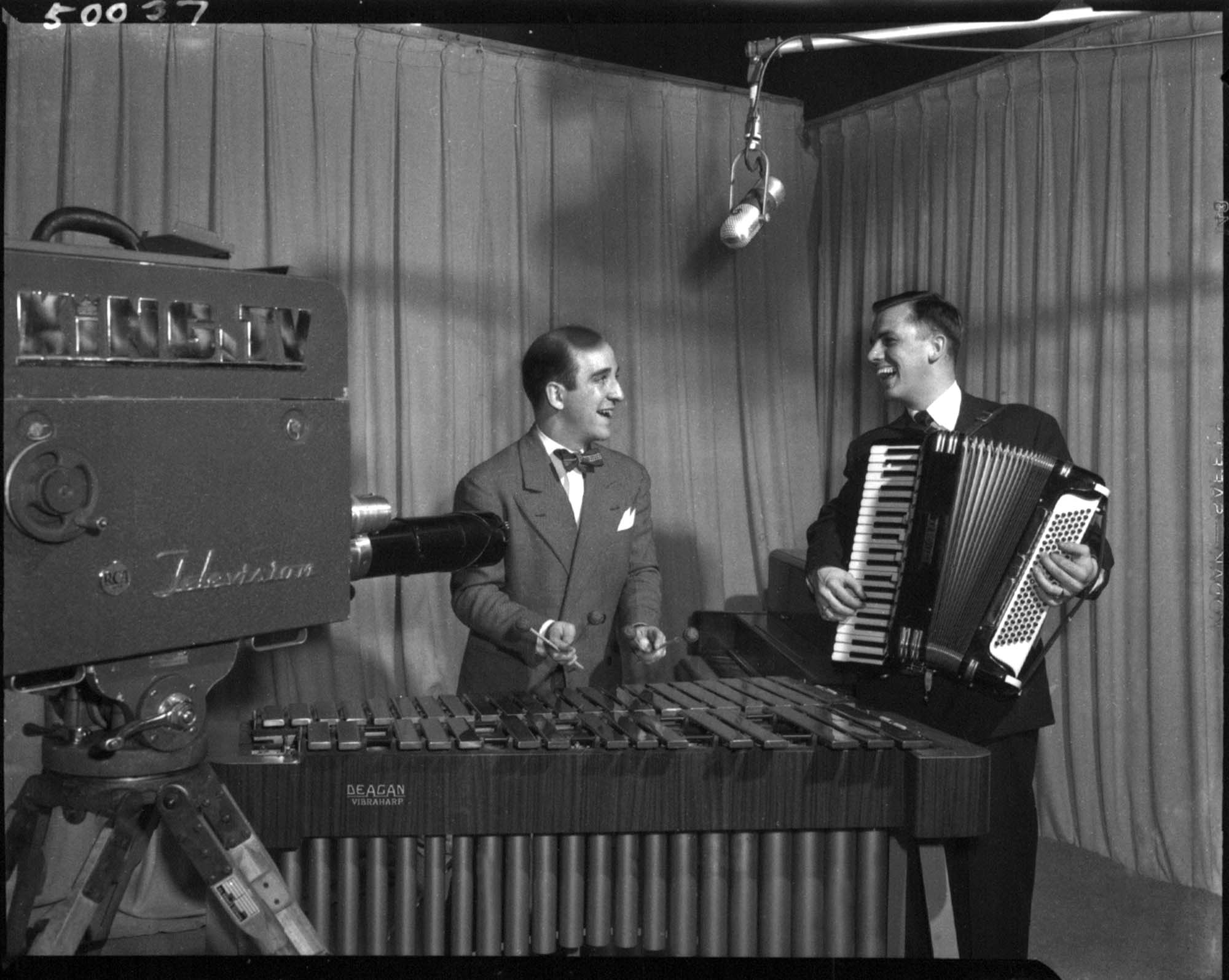 Image of Art Barduhn and Stan Boreson performing in KING television studio, Seattle, 1950