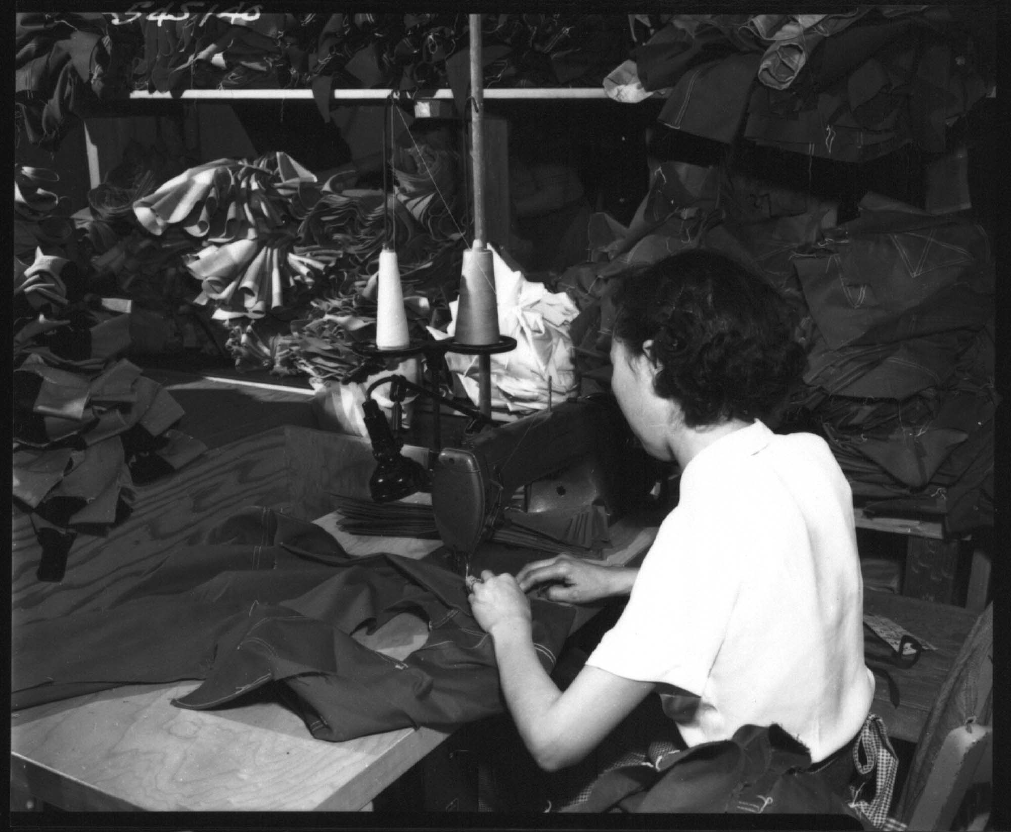 Image of Woman sewing in garment factory, Seattle, 1954