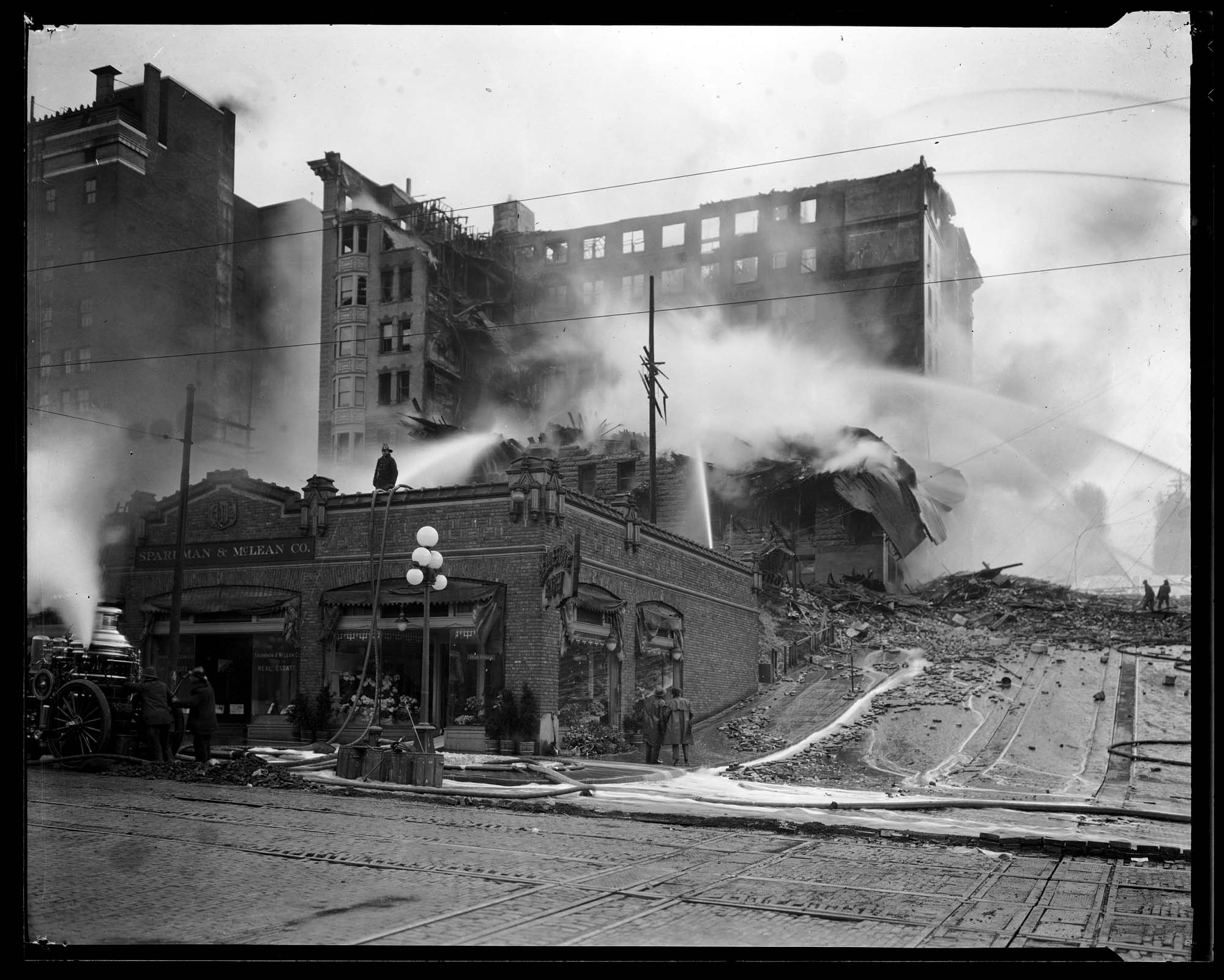 Image of Putting out the fire at the Hotel Lincoln, April 7, 1920