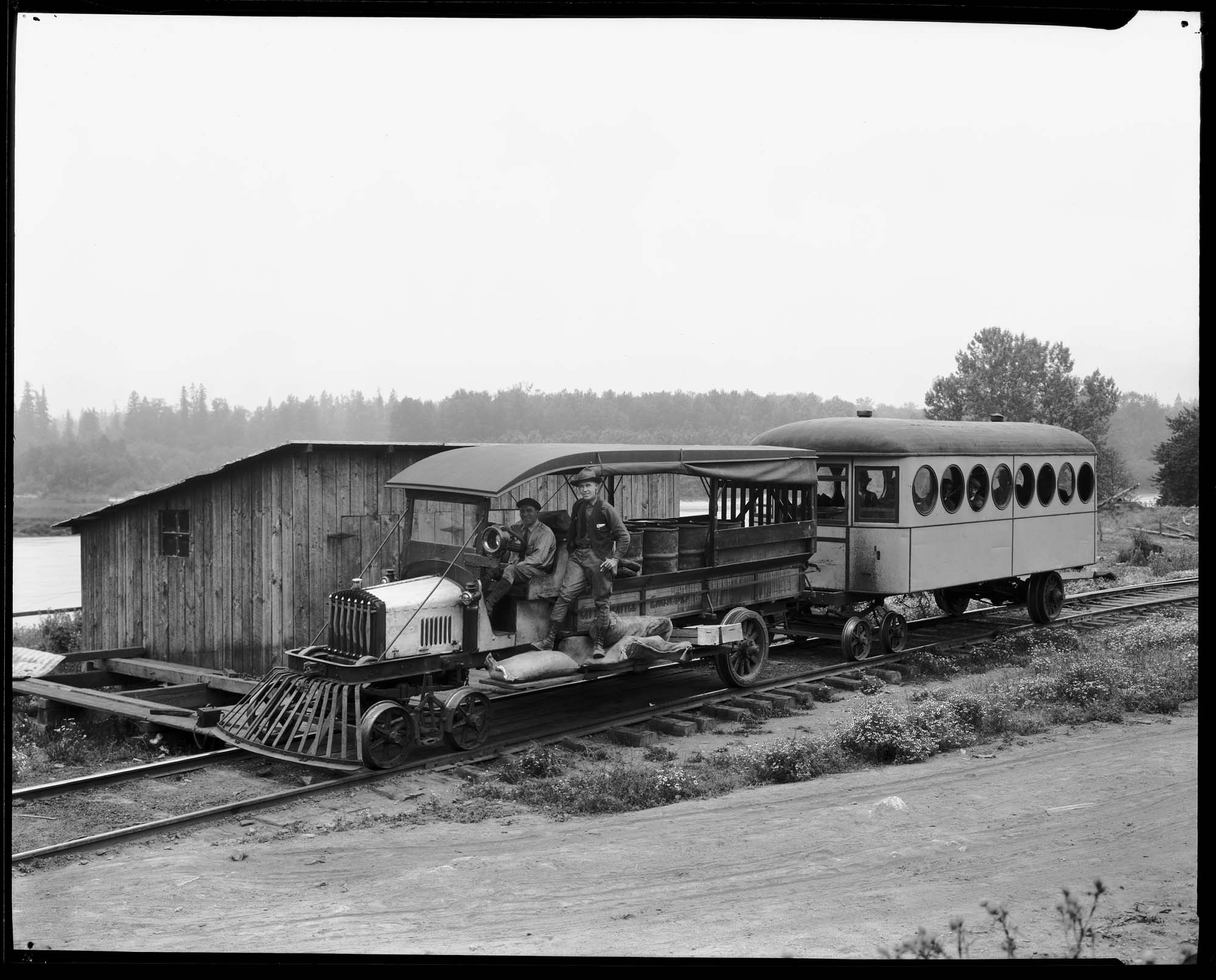 Image of Train at Skagit River power site, circa 1921