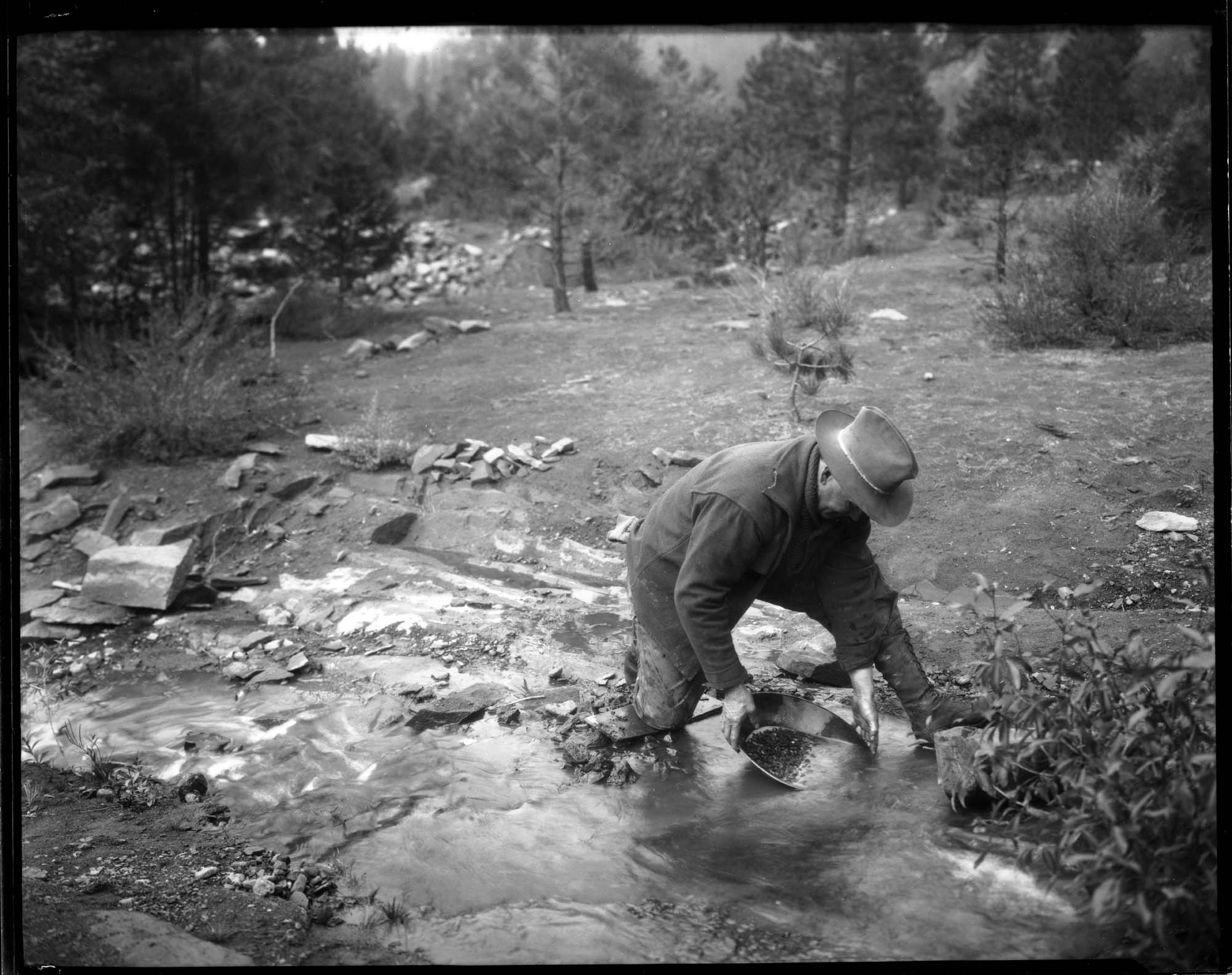 Image of Man panning for gold at Blewett Pass, Washington, circa 1919