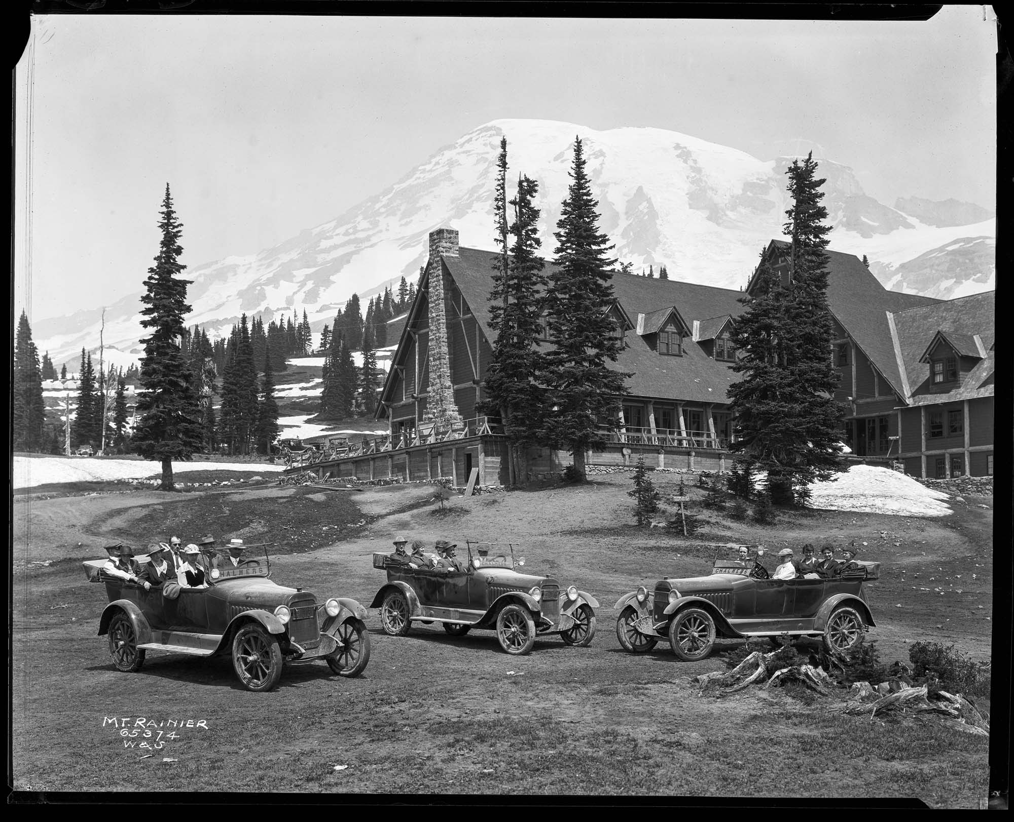 Image of Chalmers cars at the Paradise Inn, Mount Rainier National Park, circa 1918