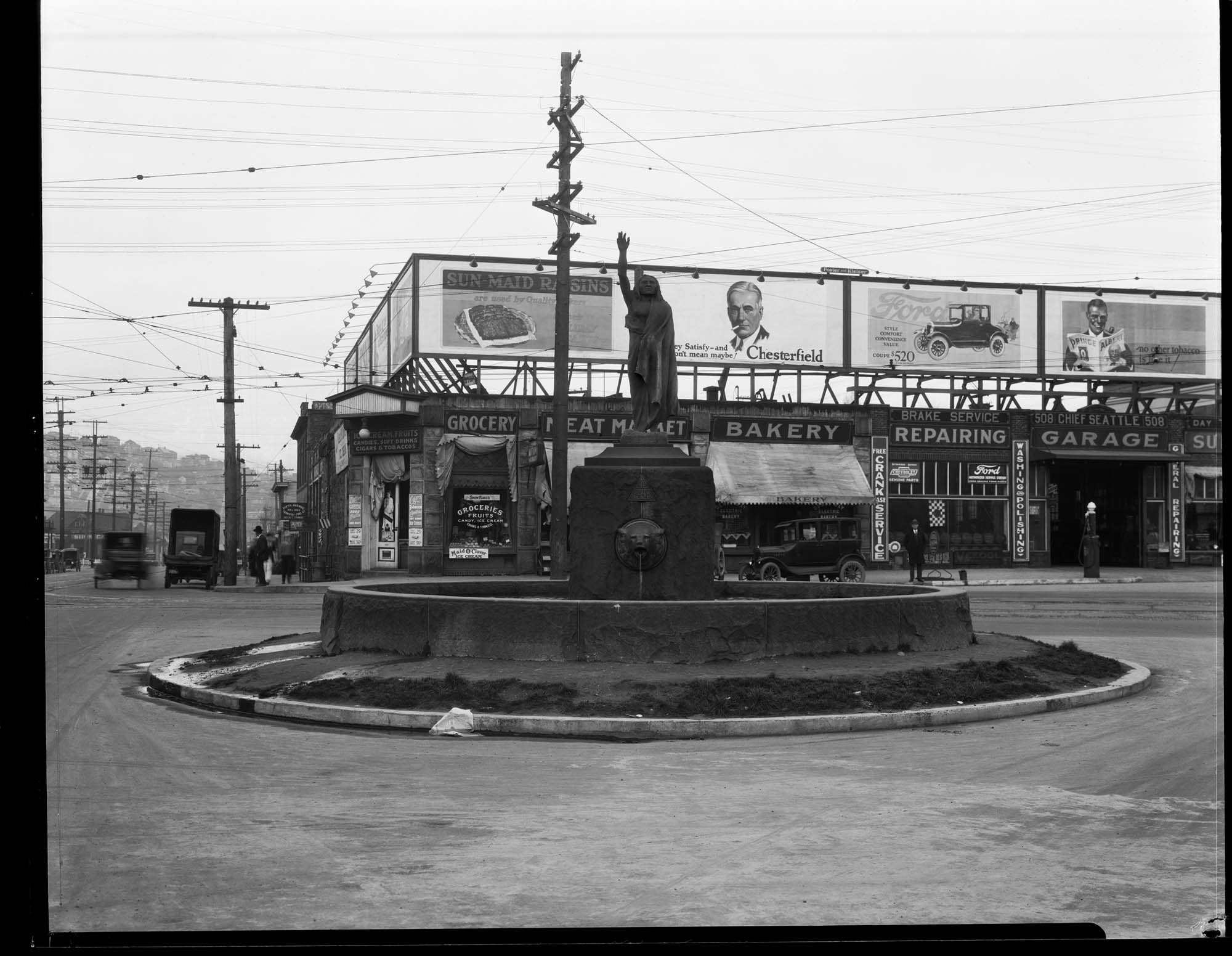Image of Chief Si'ahl (Chief Seattle) fountain, Seattle, circa 1925