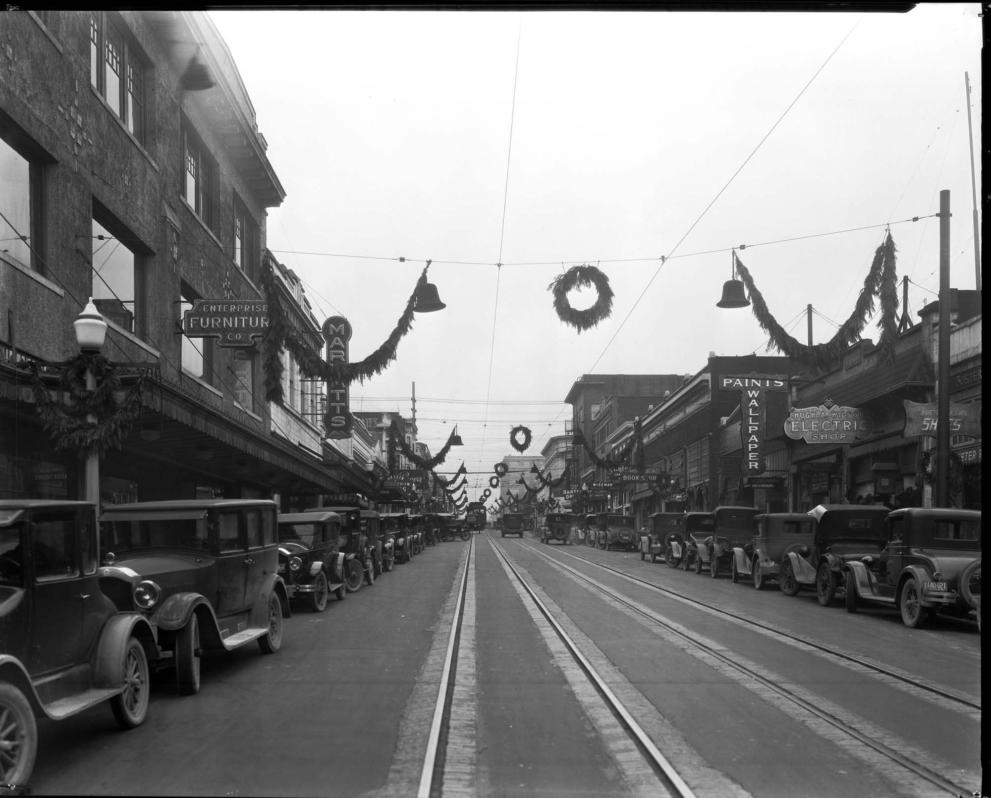 Image of Christmas decorations on University Way, Seattle, circa 1926