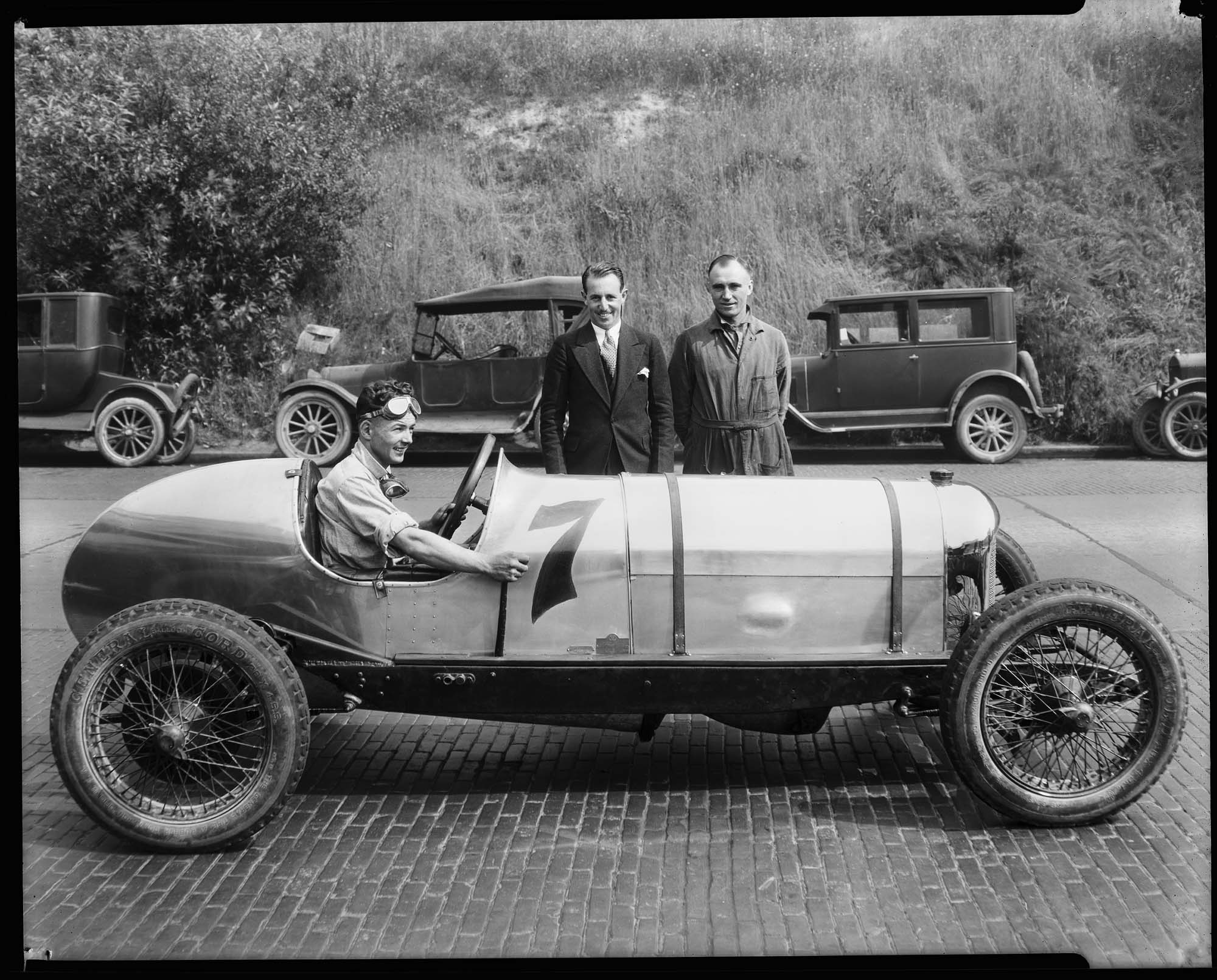 Image of Ken Schoenfeld and Mario Bianchi with racecar, Seattle, circa 1928