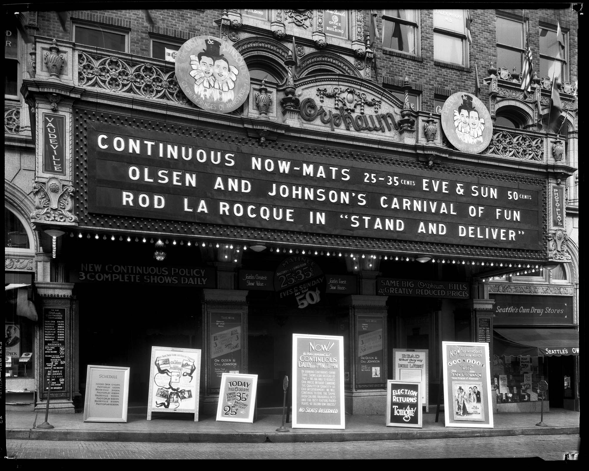 Image of Orpheum Theatre entrance, Seattle, circa 1928