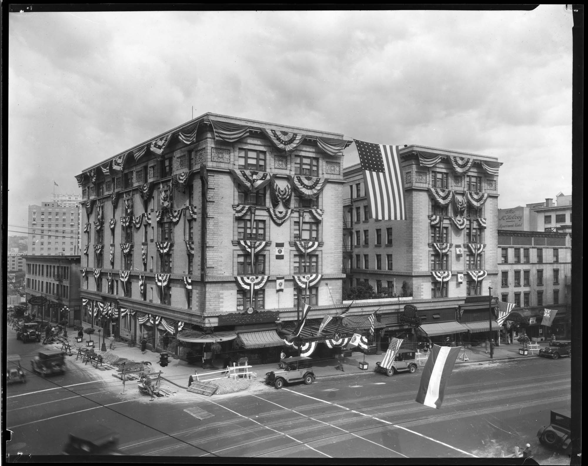Image of Hotel Gowman with decorations, Seattle, June 19, 1928
