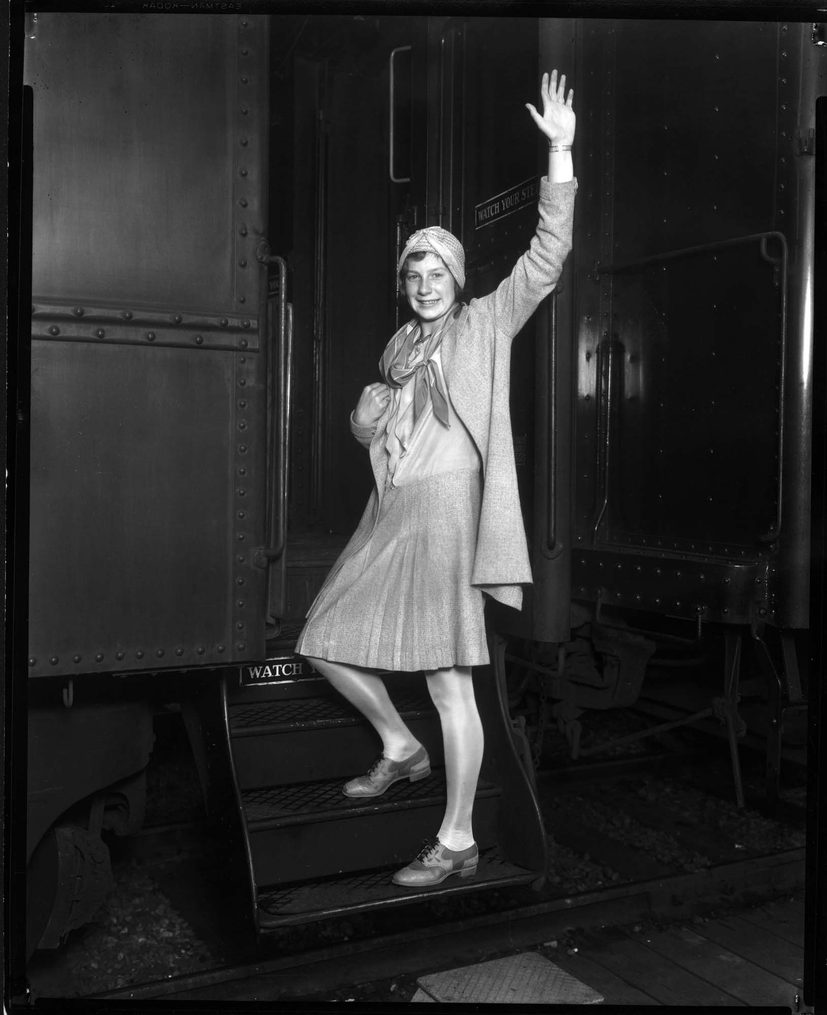 Image of Helene Madison leaving for a national swim meet, July 24, 1929