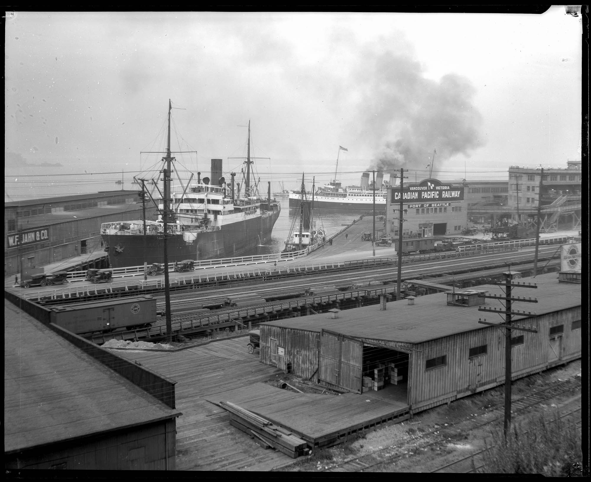 Image of Seattle waterfront near the Canadian Pacific dock, circa 1925