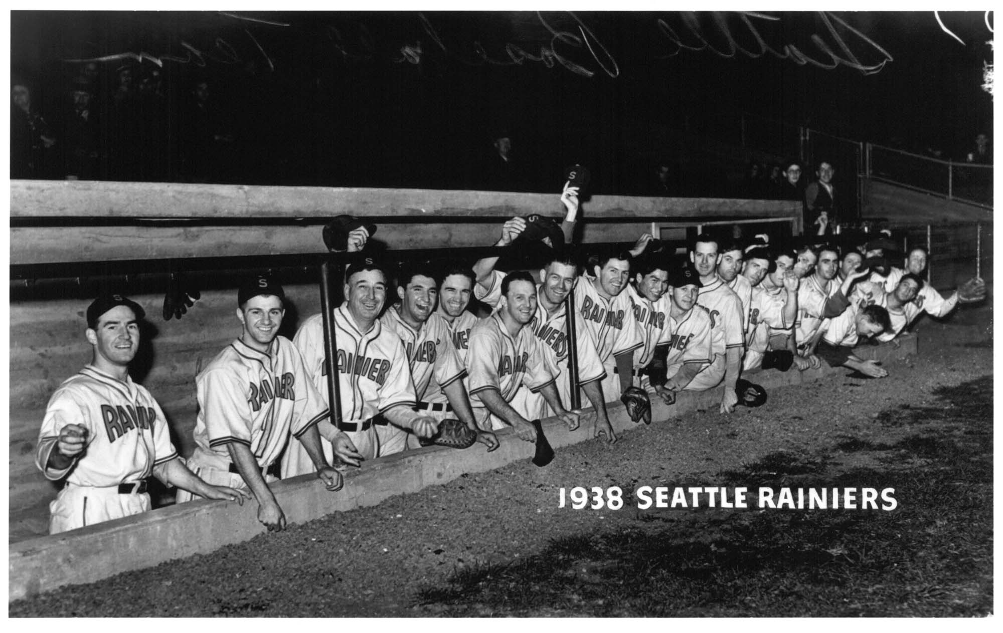 Image of Seattle Rainiers in dugout, Seattle, 1938