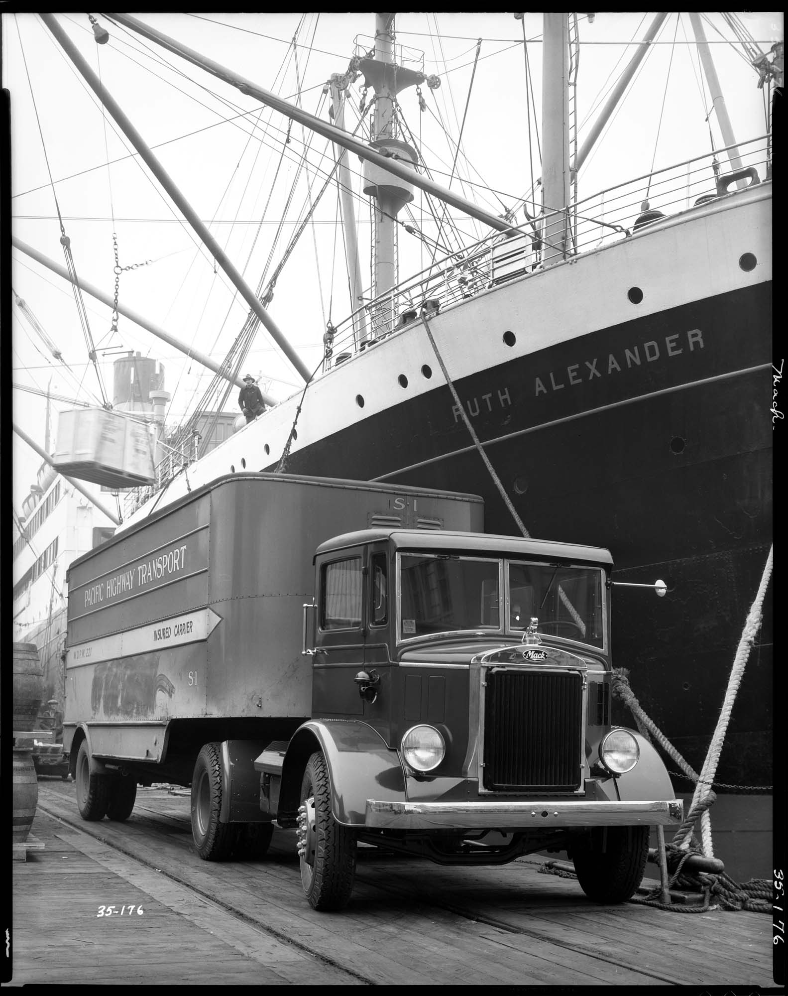 Image of Trailer truck and freighter at Seattle dock, 1935