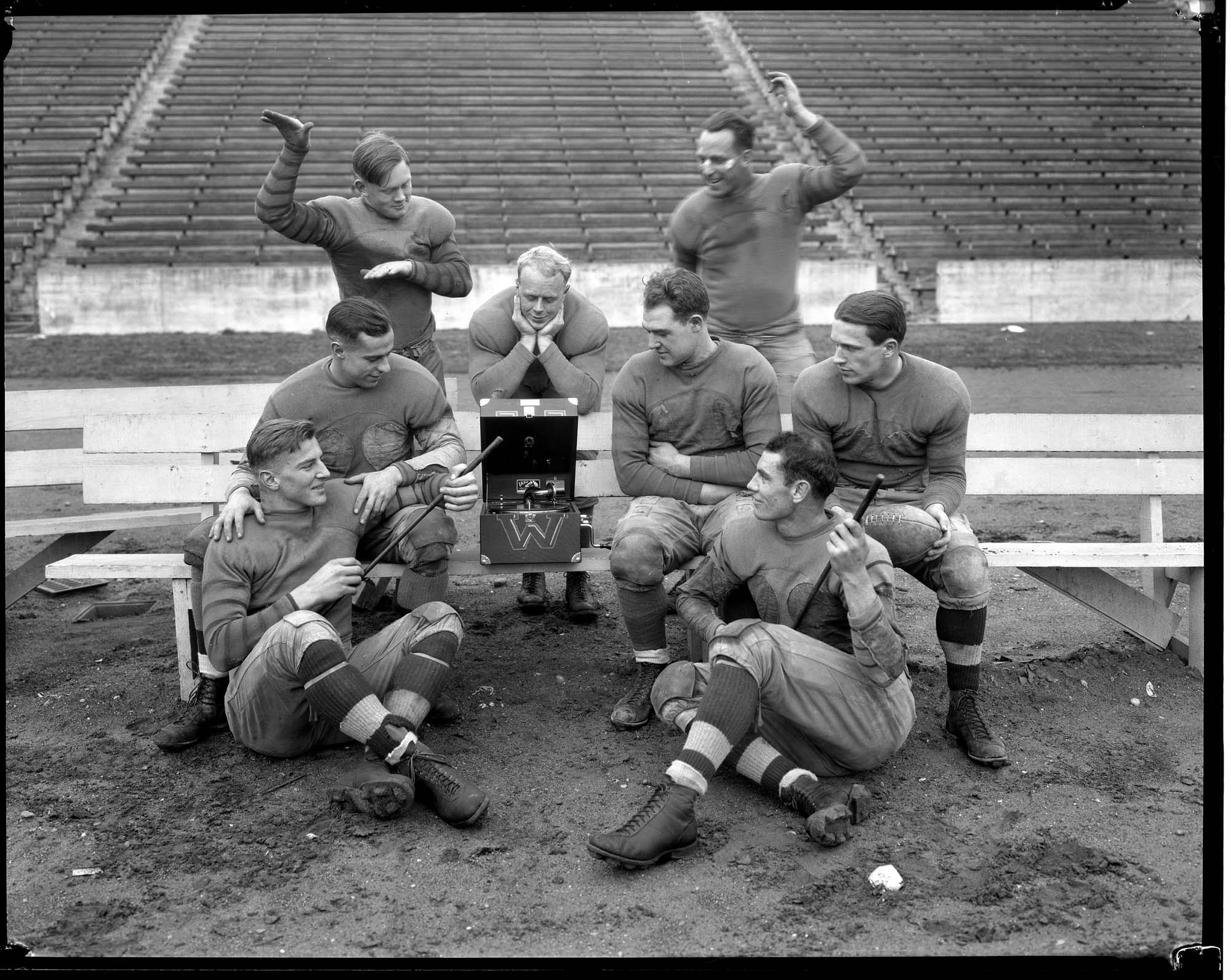 Image of Football team with phonograph at the University of Washington , ca. 1925