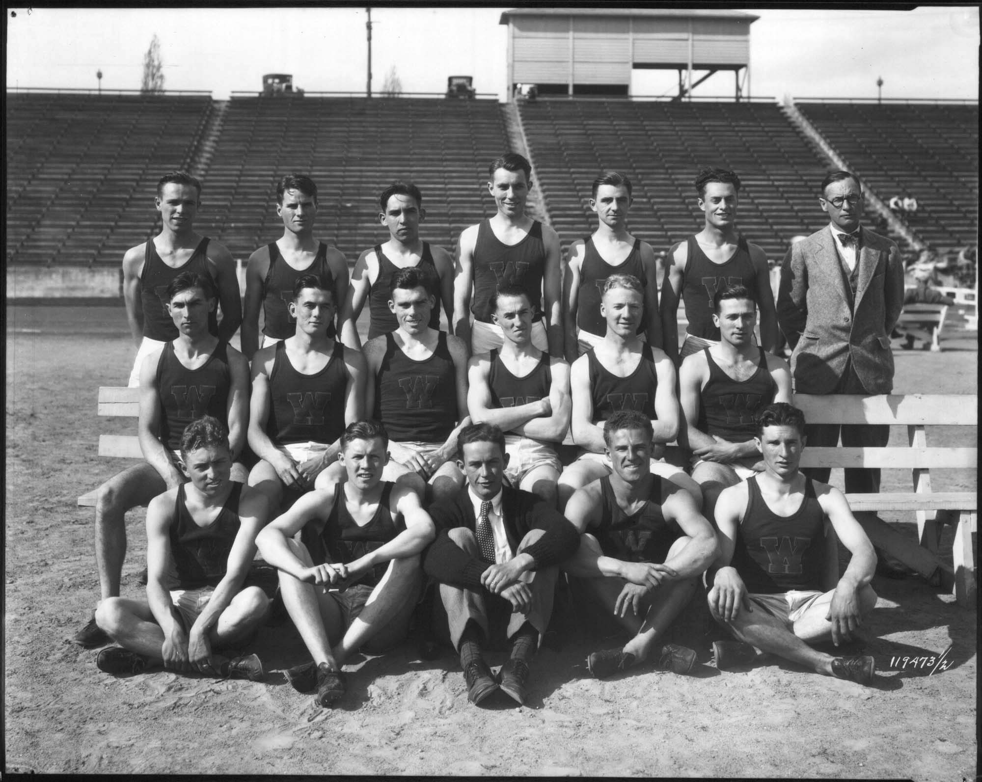 Image of University of Washington track team in Husky Stadium, Seattle, 1926
