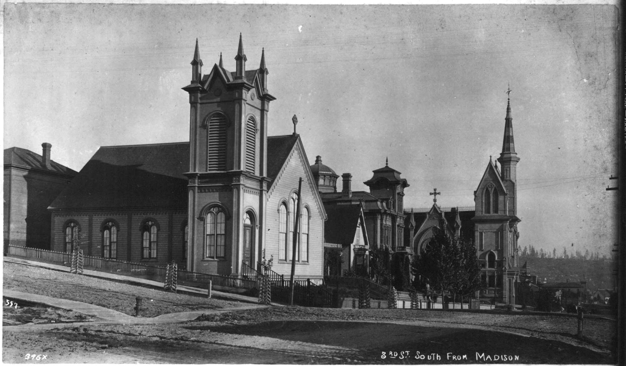 Image of First Presbyterian Church, Stacy residence, and First Methodist Episcopal Church, Seattle, 1890