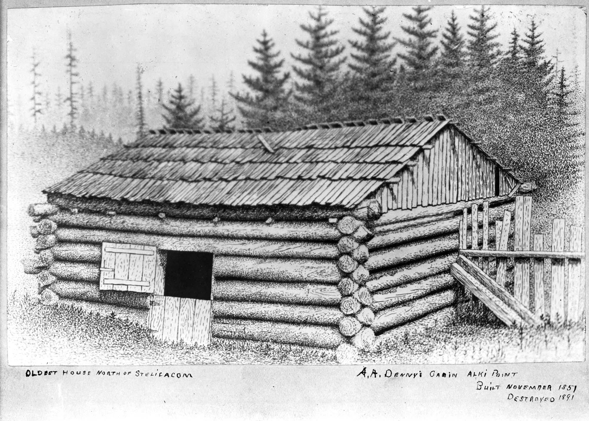 Image of Arthur Denny's cabin at Alki Point, circa 1902