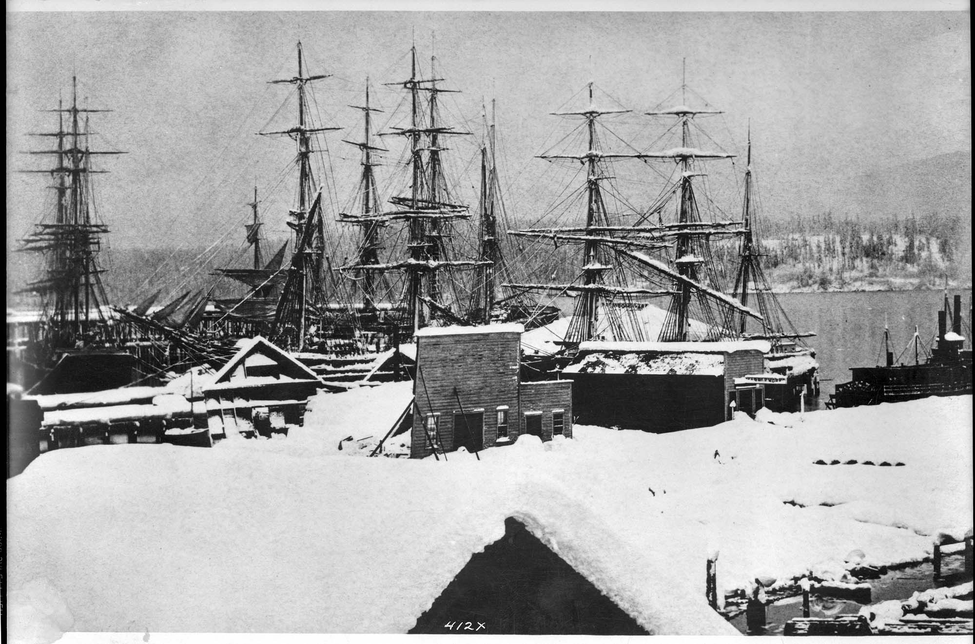 Image of Yesler's Wharf after a blizzard, January 1880