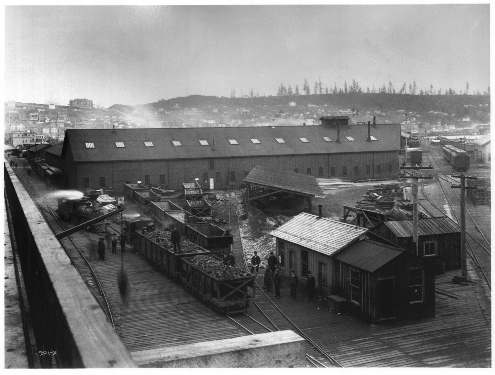 Image of King Street railroad yard, Seattle, circa 1883