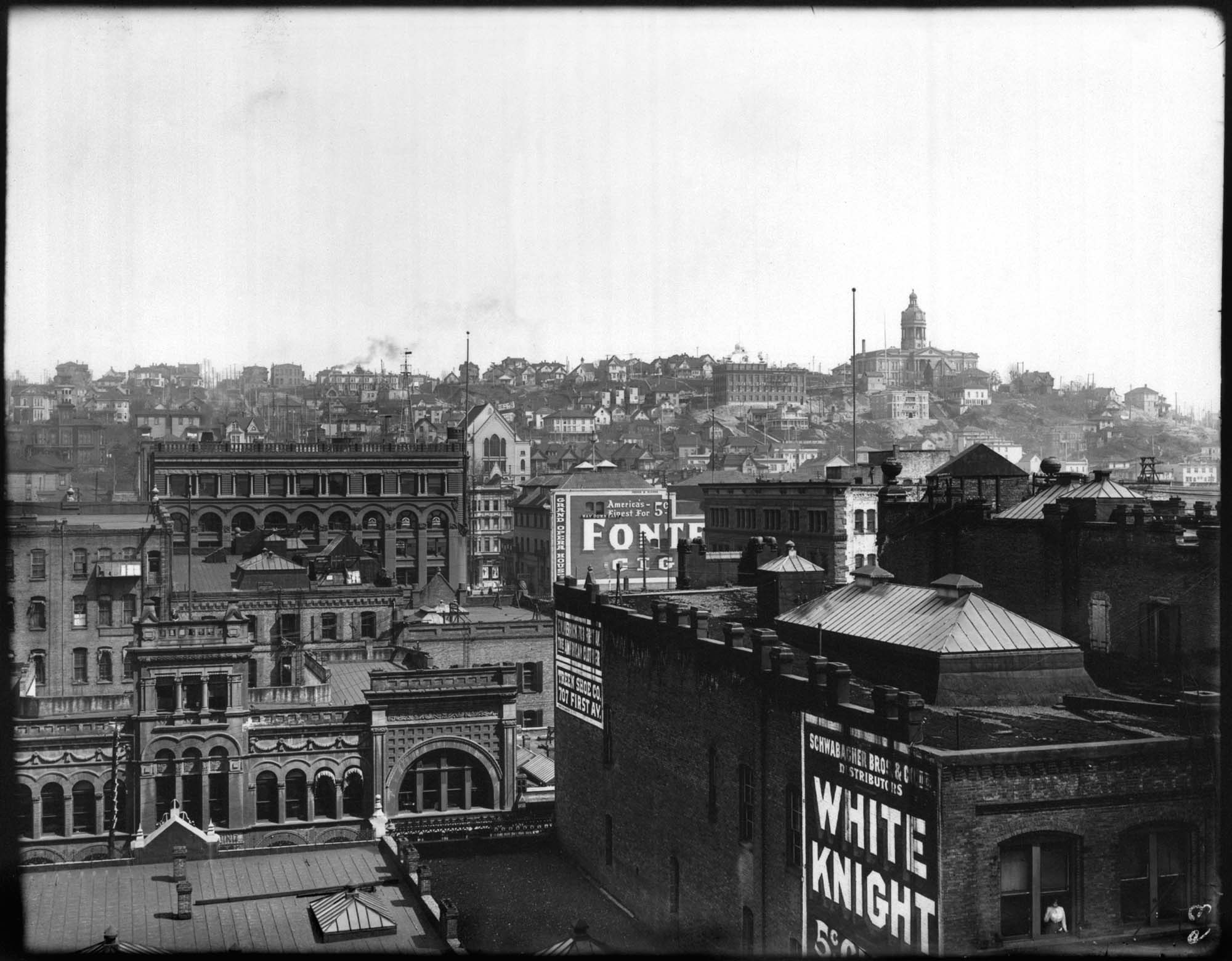 Image of Downtown view looking east between Cherry and Columbia Streets, Seattle, circa 1898