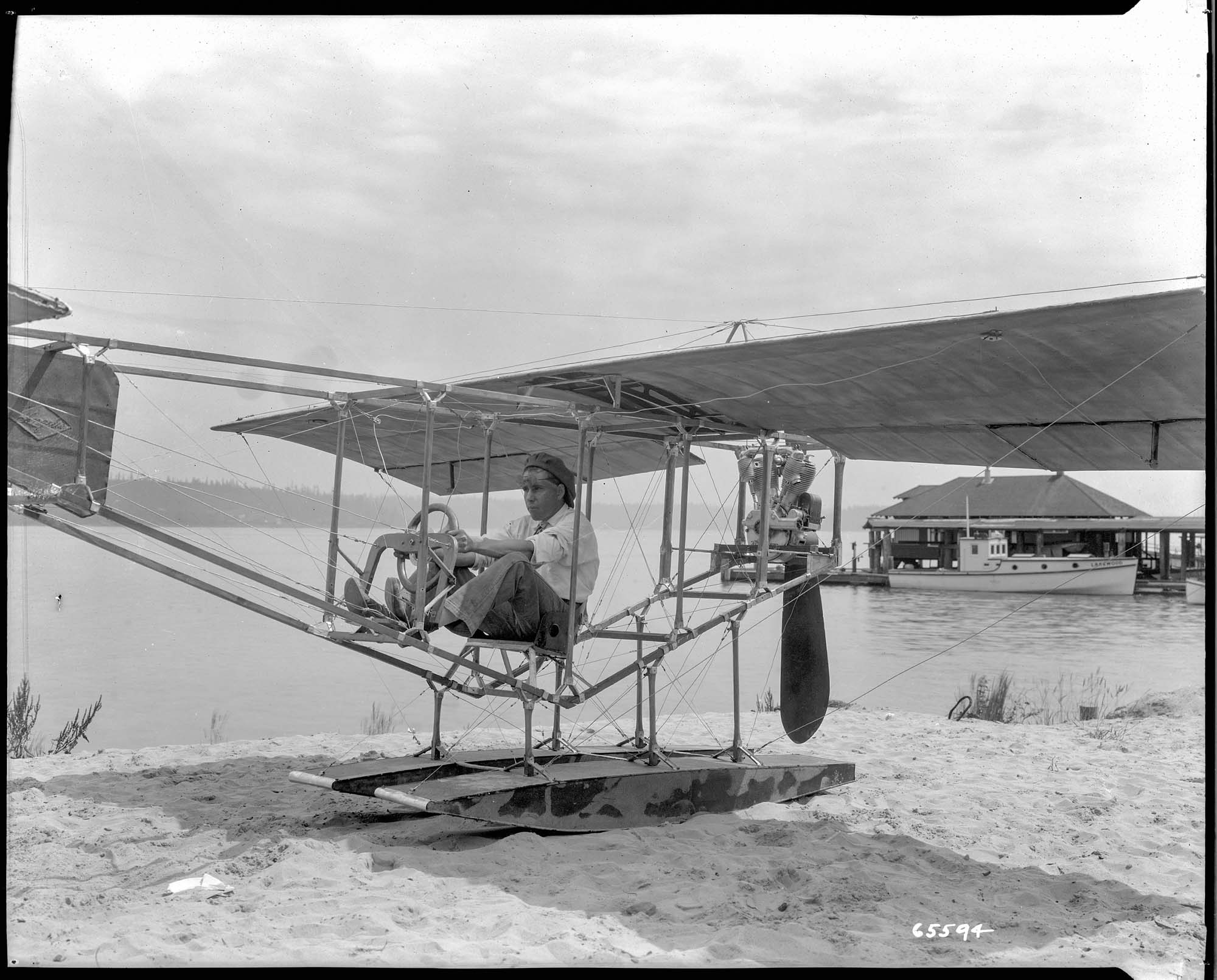 Image of Young man in a seaplane, circa 1910