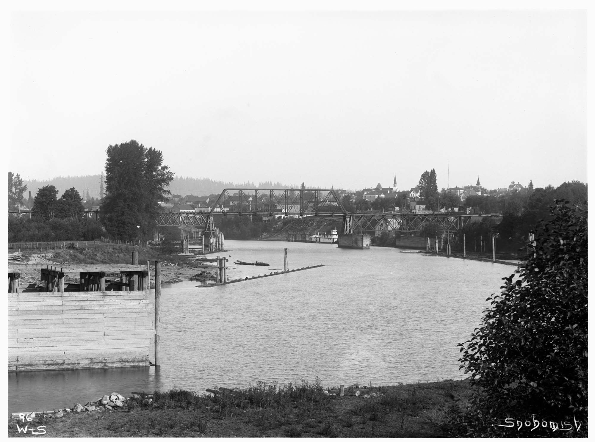 Image of View of river, bridge, and town of Snohomish, Washington, circa 1910