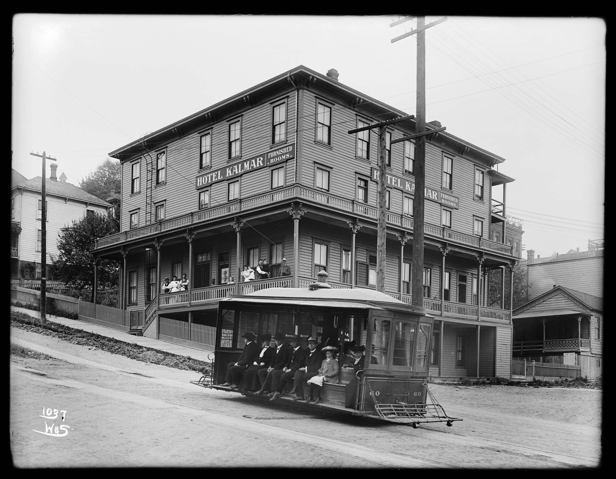 Image of The Hotel Kalmar and the James Street cable car, circa 1912