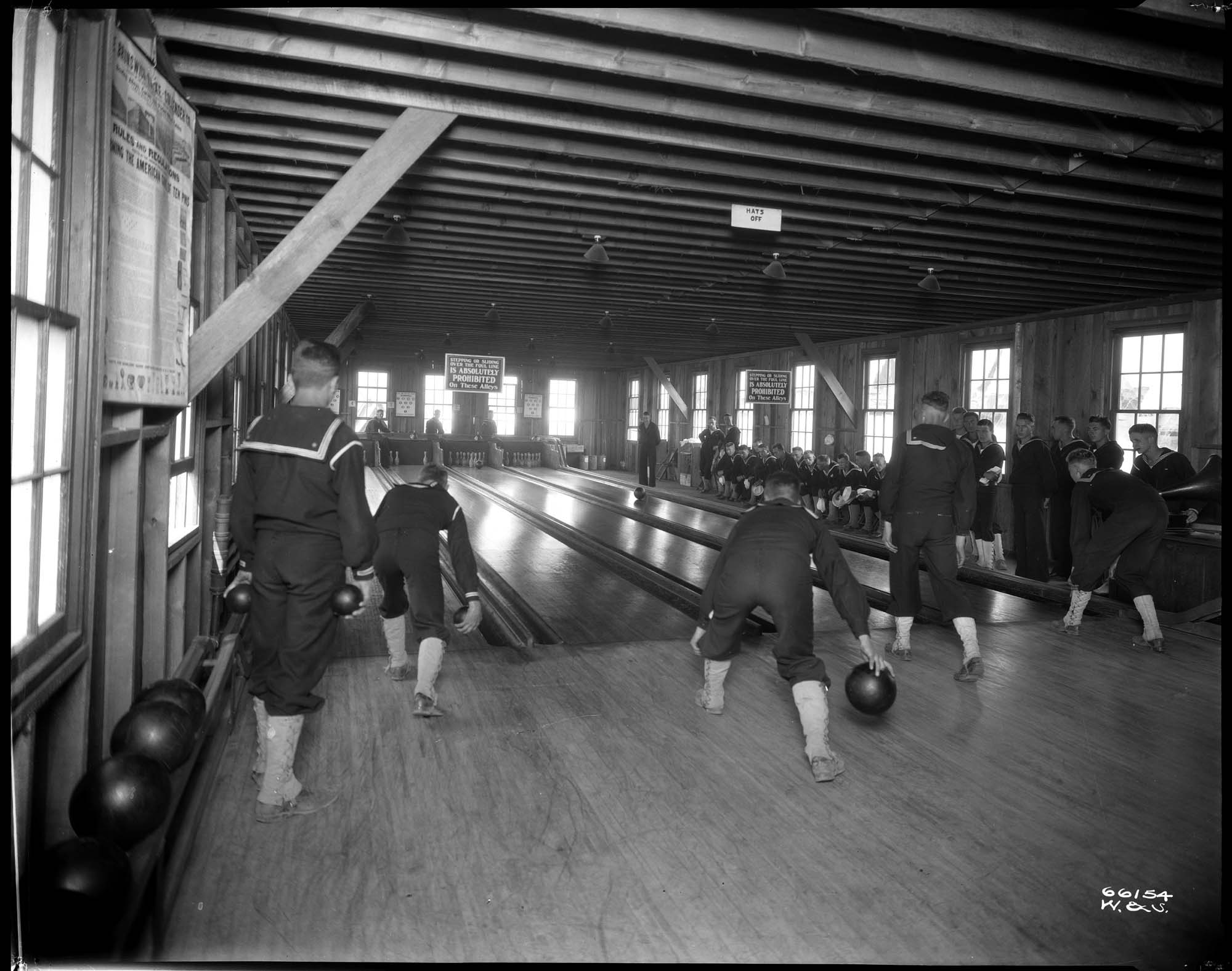 Image of Sailors in the Naval Training Station bowling alley, circa 1918