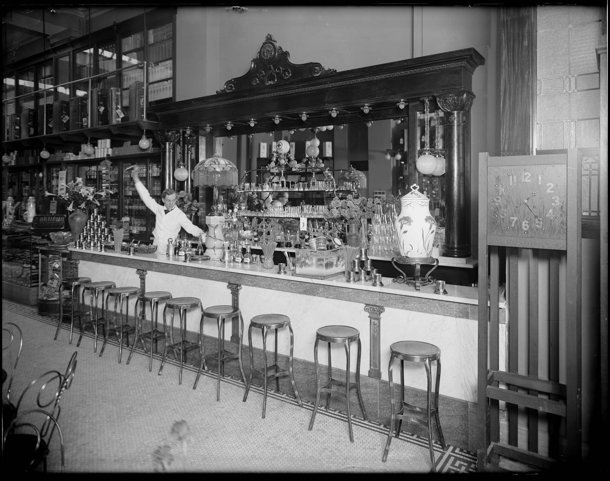 Image of Soda fountain at Shaw's Pharmacy, circa 1905