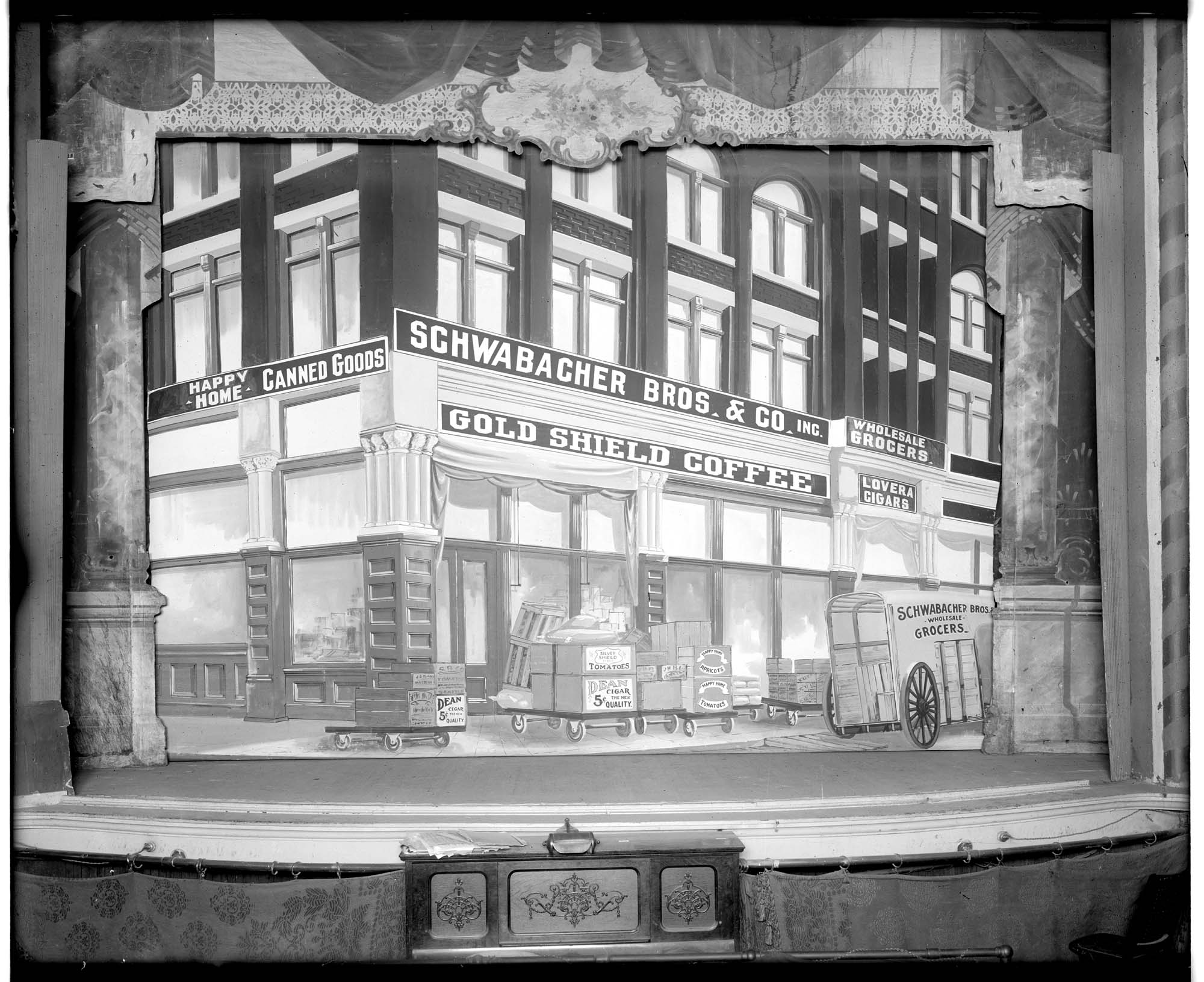 Image of Theater curtain with advertisement for Schwabacher Bros. & Co., circa 1905