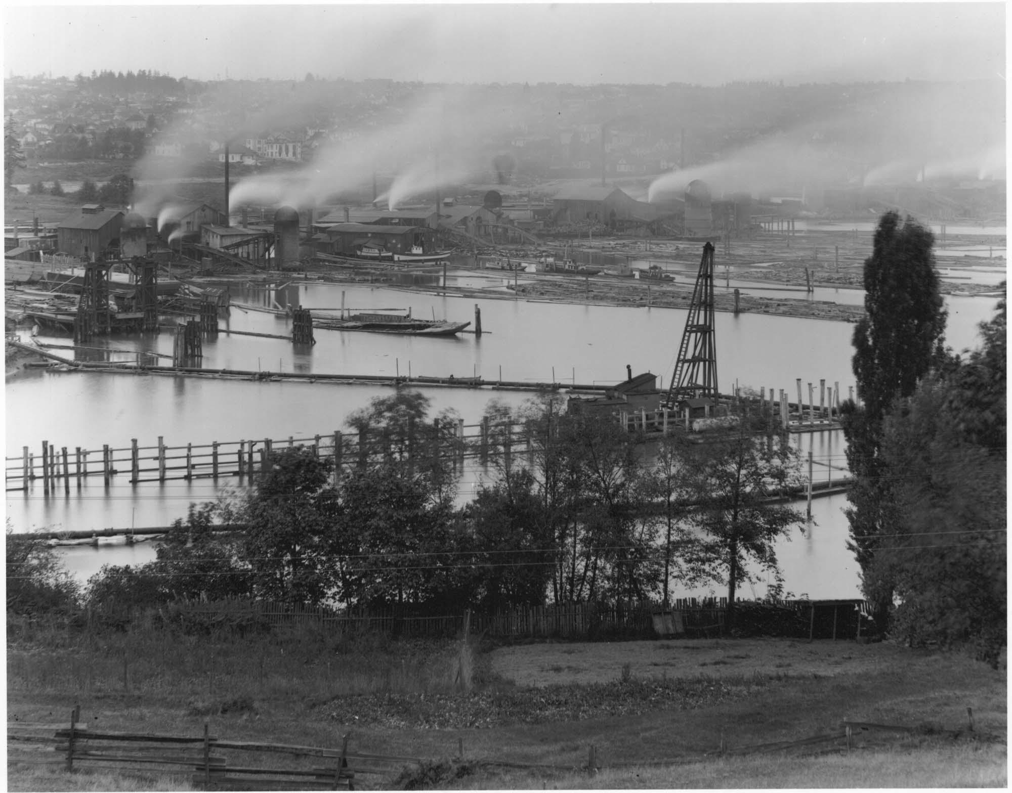 Image of Ballard neighborhood from across Salmon Bay, Seattle, circa 1913
