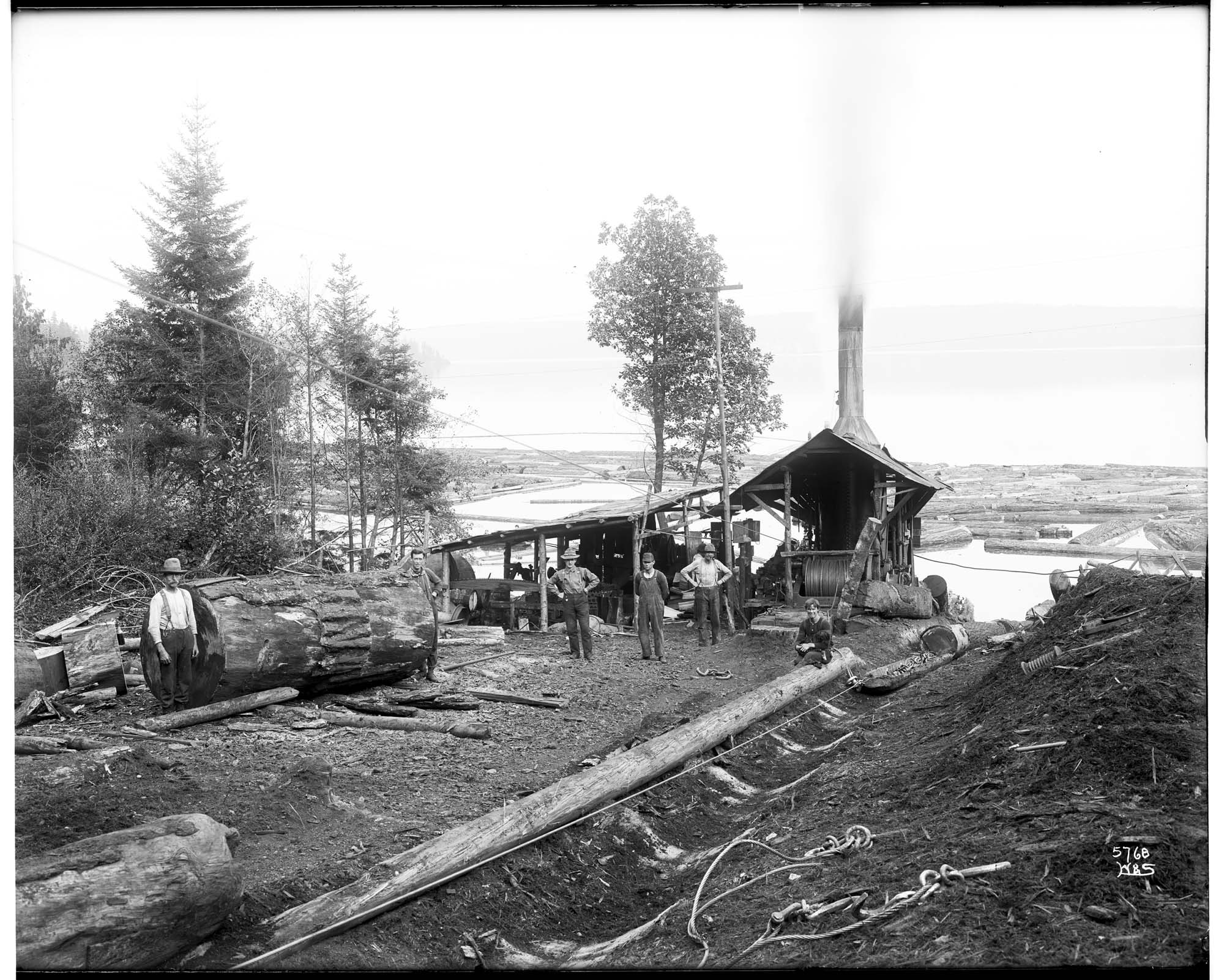 Image of Yarding logs with a steam donkey, circa 1910