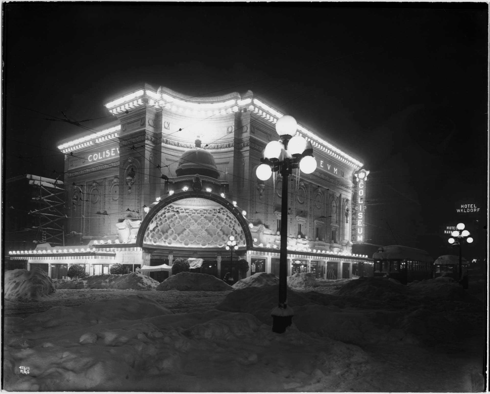 Image of Coliseum Theatre on a snowy night, Seattle, February 1916