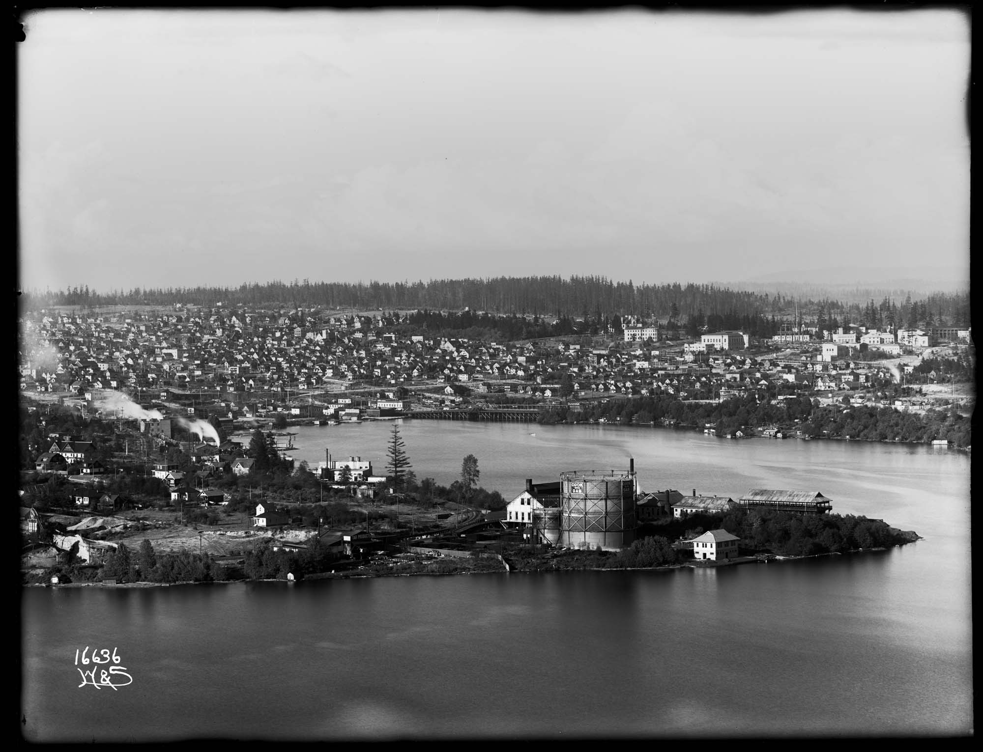 Image of Lake Union gasworks and University district, circa 1909