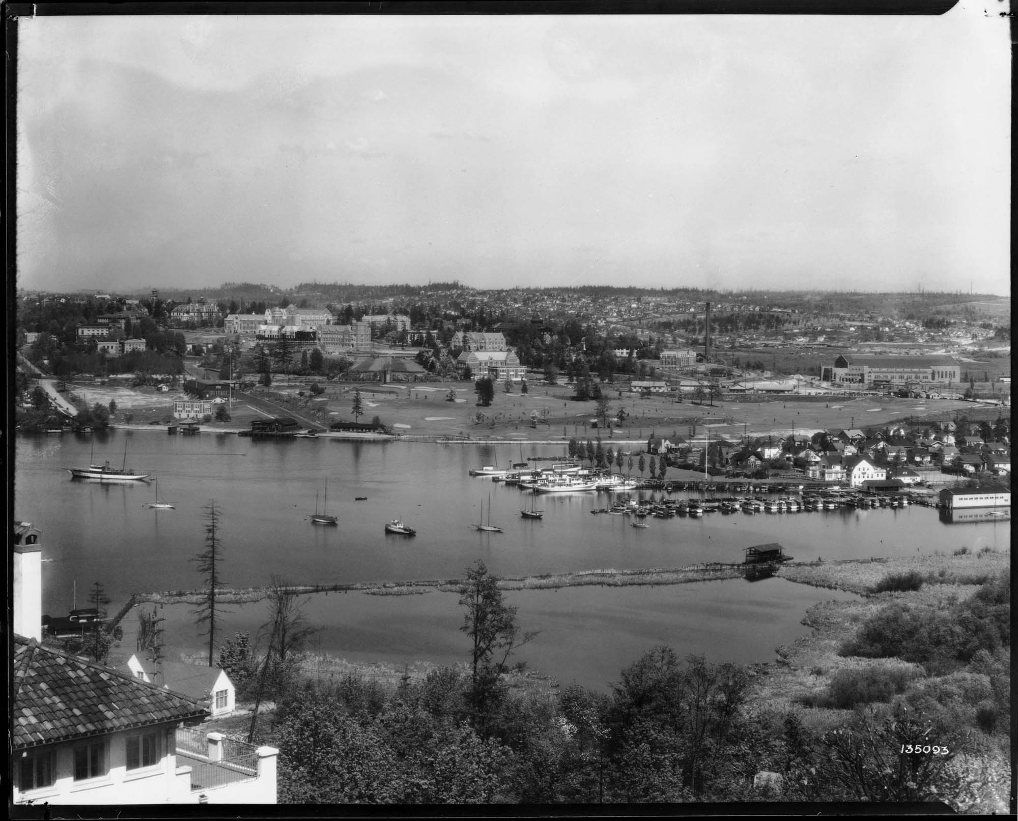 Image of Portage Bay and University of Washington campus from north Capitol Hill, Seattle, circa 1930
