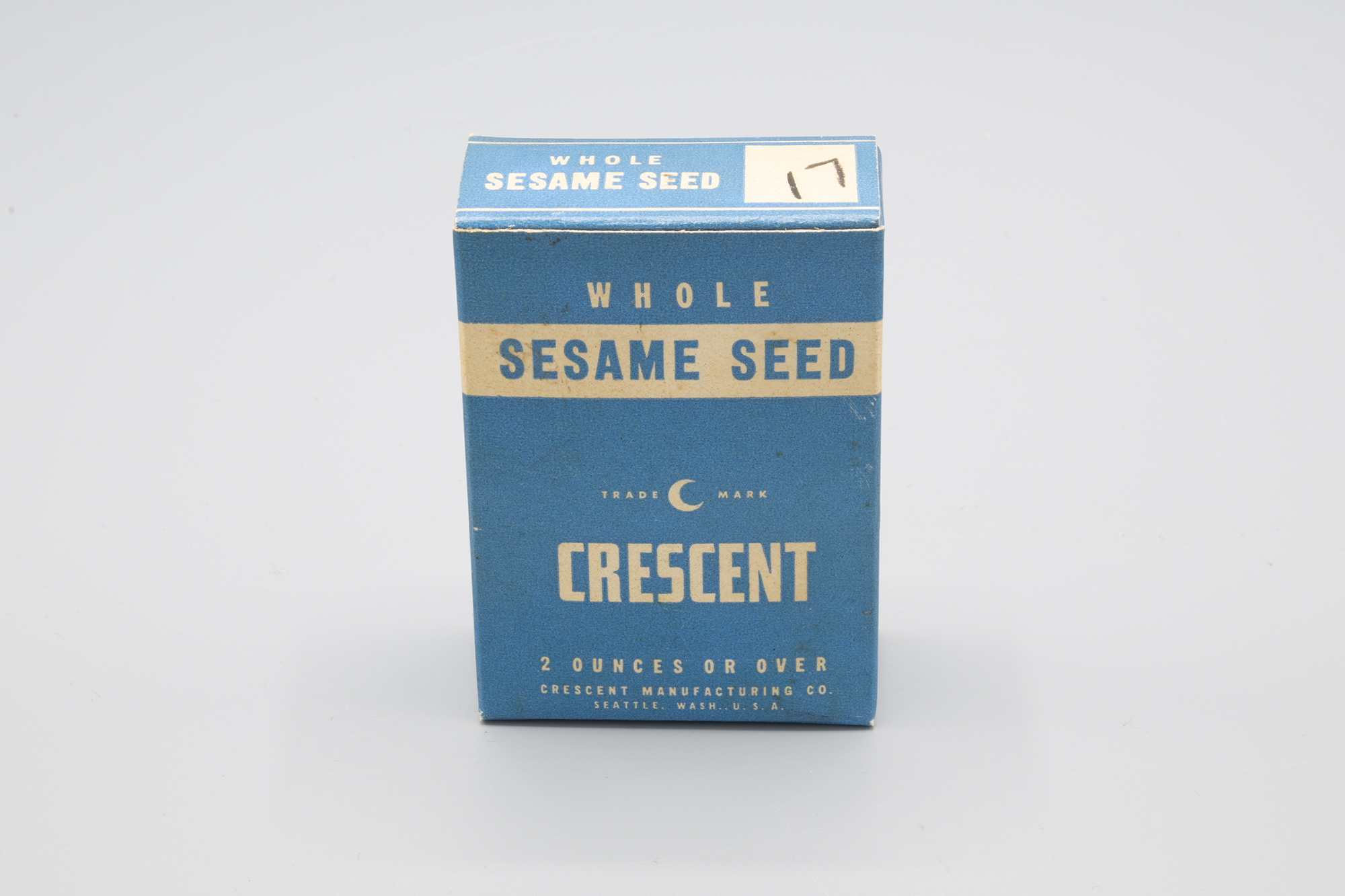 Image of Box for whole sesame seeds from Crescent Manufacturing Company, ca. 1940
