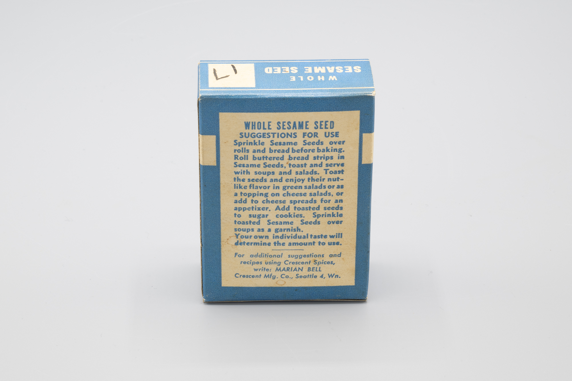 Image of Box for whole sesame seeds from Crescent Manufacturing Company, ca. 1940