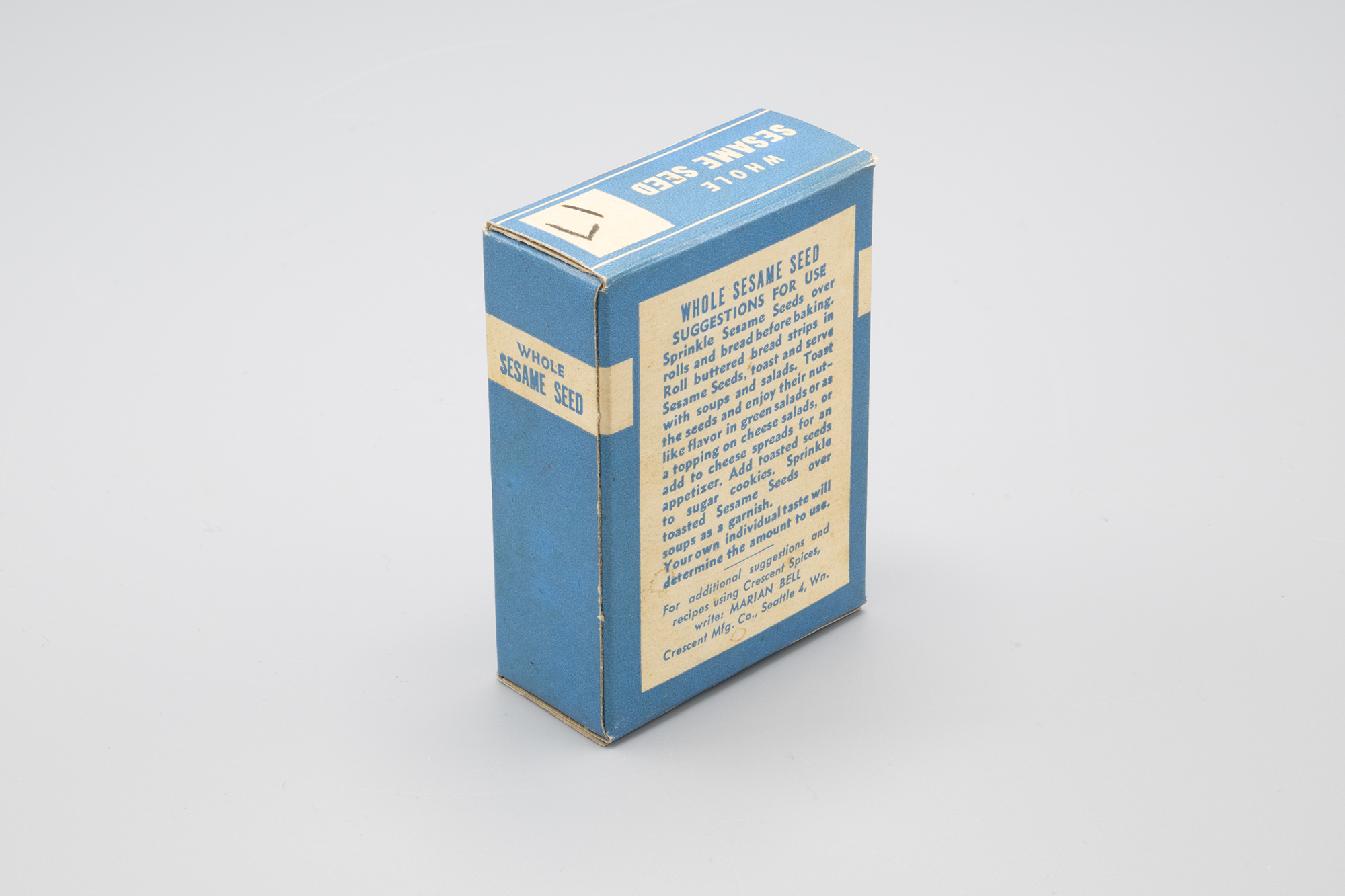 Image of Box for whole sesame seeds from Crescent Manufacturing Company, ca. 1940