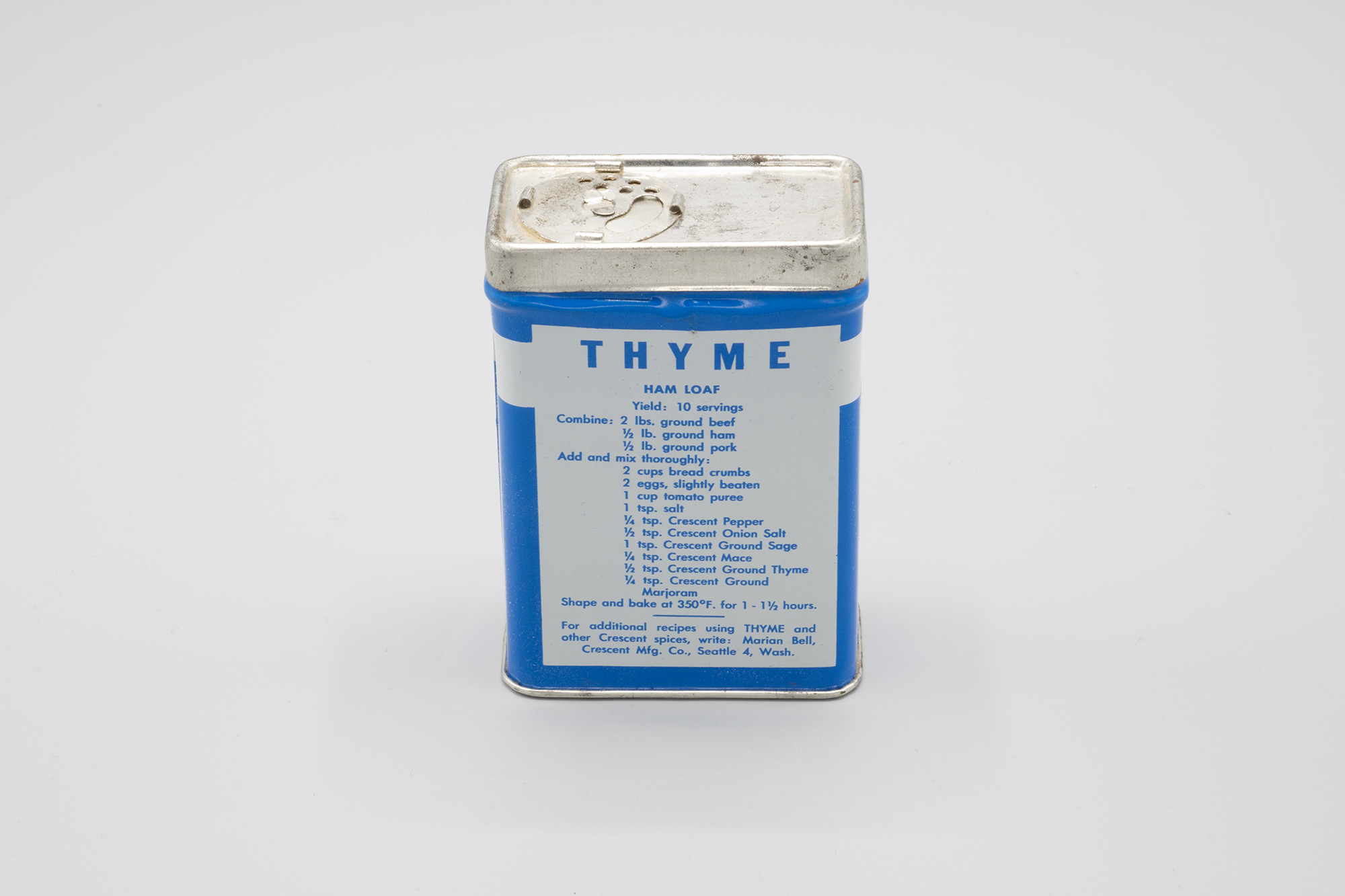 Image of Tin of thyme spice from Crescent Manufacturing Company, ca. 1940s