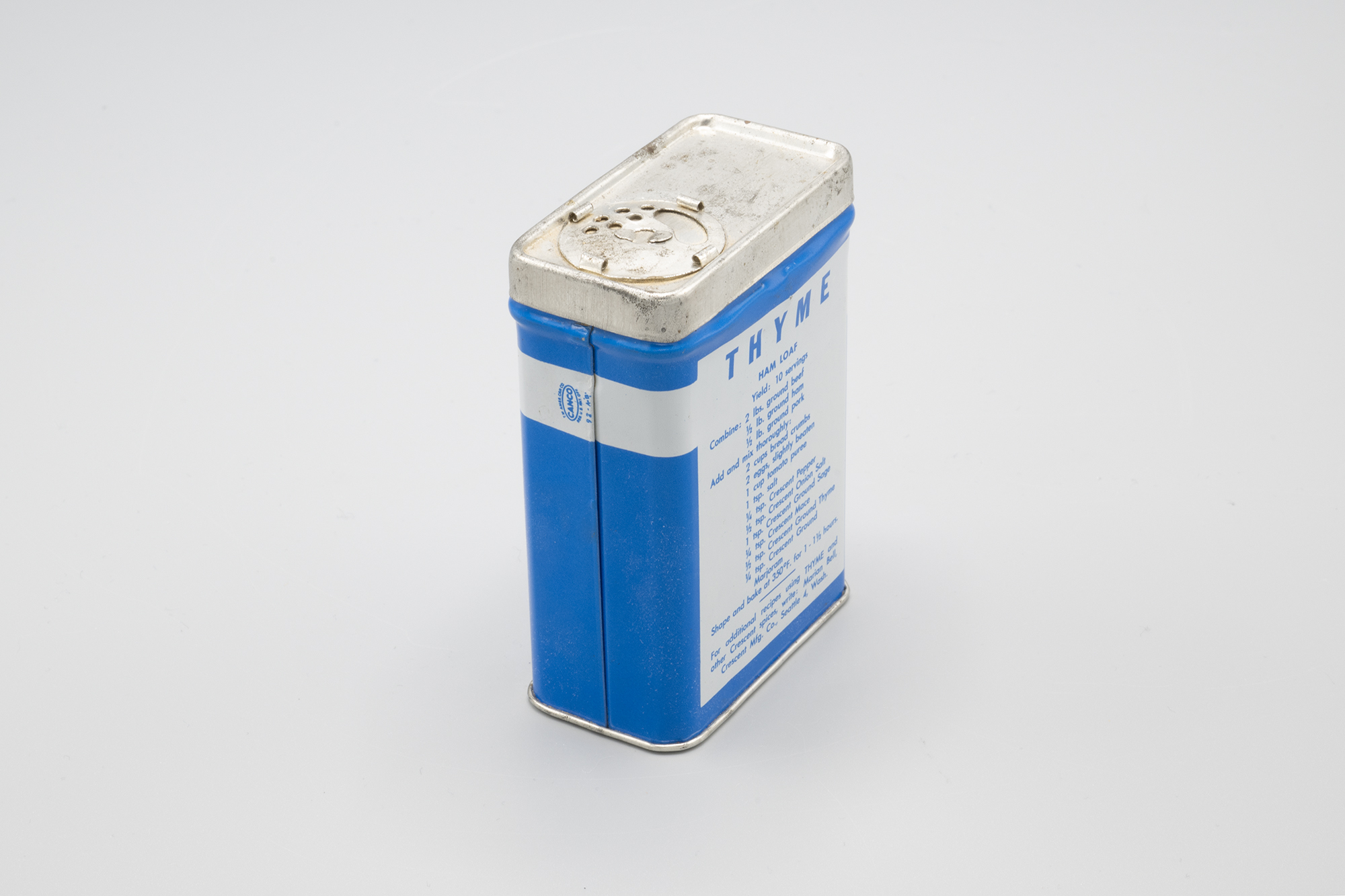 Image of Tin of thyme spice from Crescent Manufacturing Company, ca. 1940s