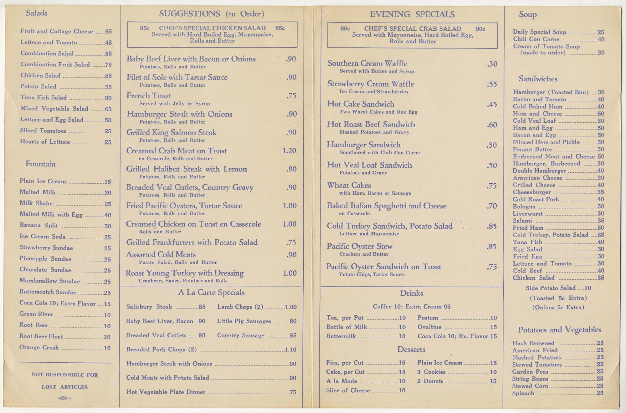 Image of Terminal Dining Service menu, circa 1940