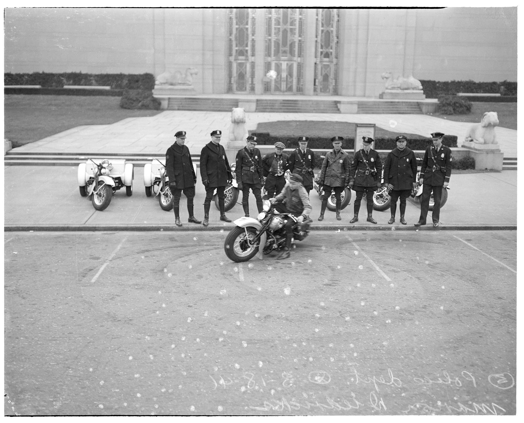Image of Marion Diedricks demonstrating for Seattle Police Department motorcycle corps, Seattle, March 17, 1941