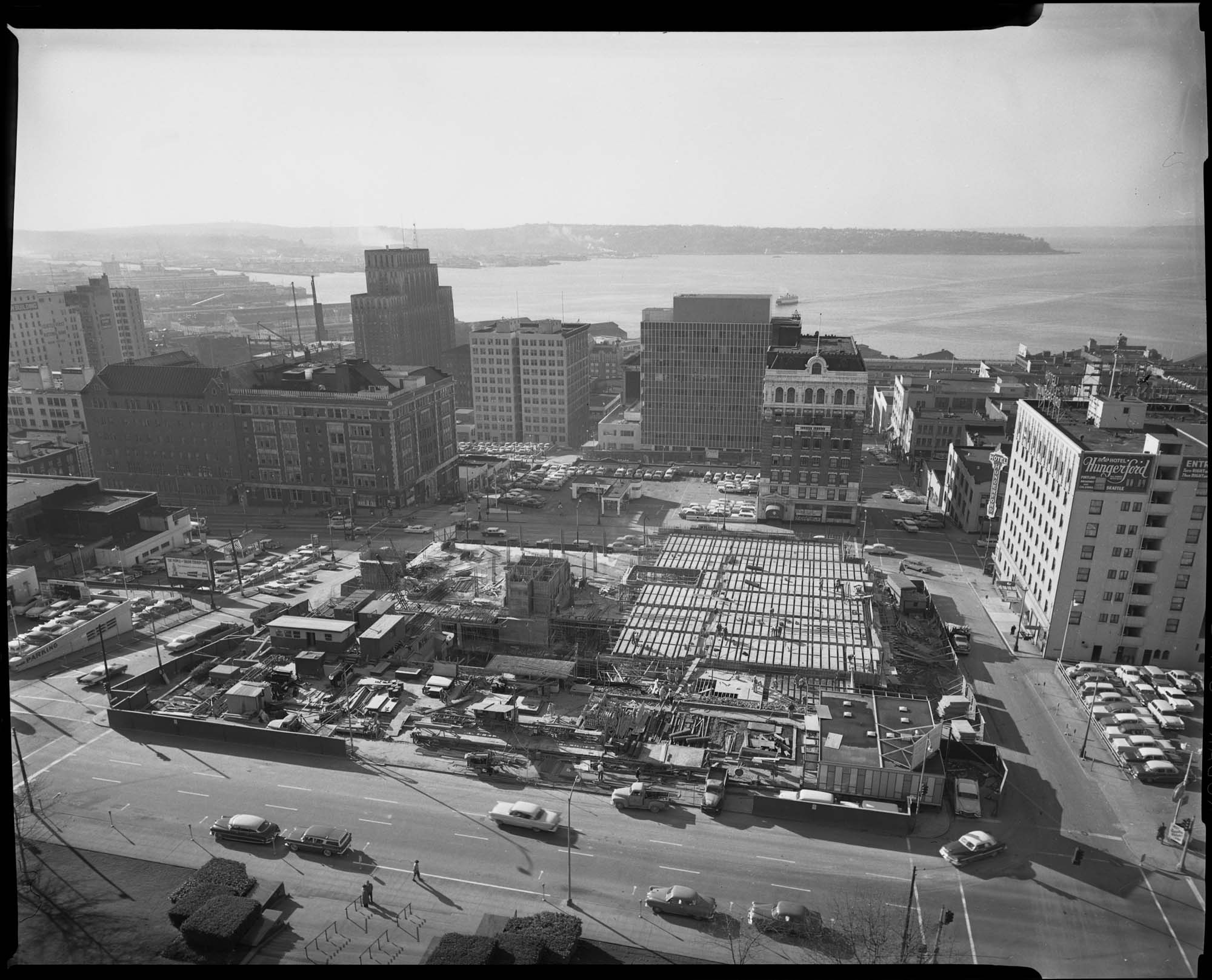 Image of Aerial of Seattle Public Library under construction from northeast, Seattle, 1959