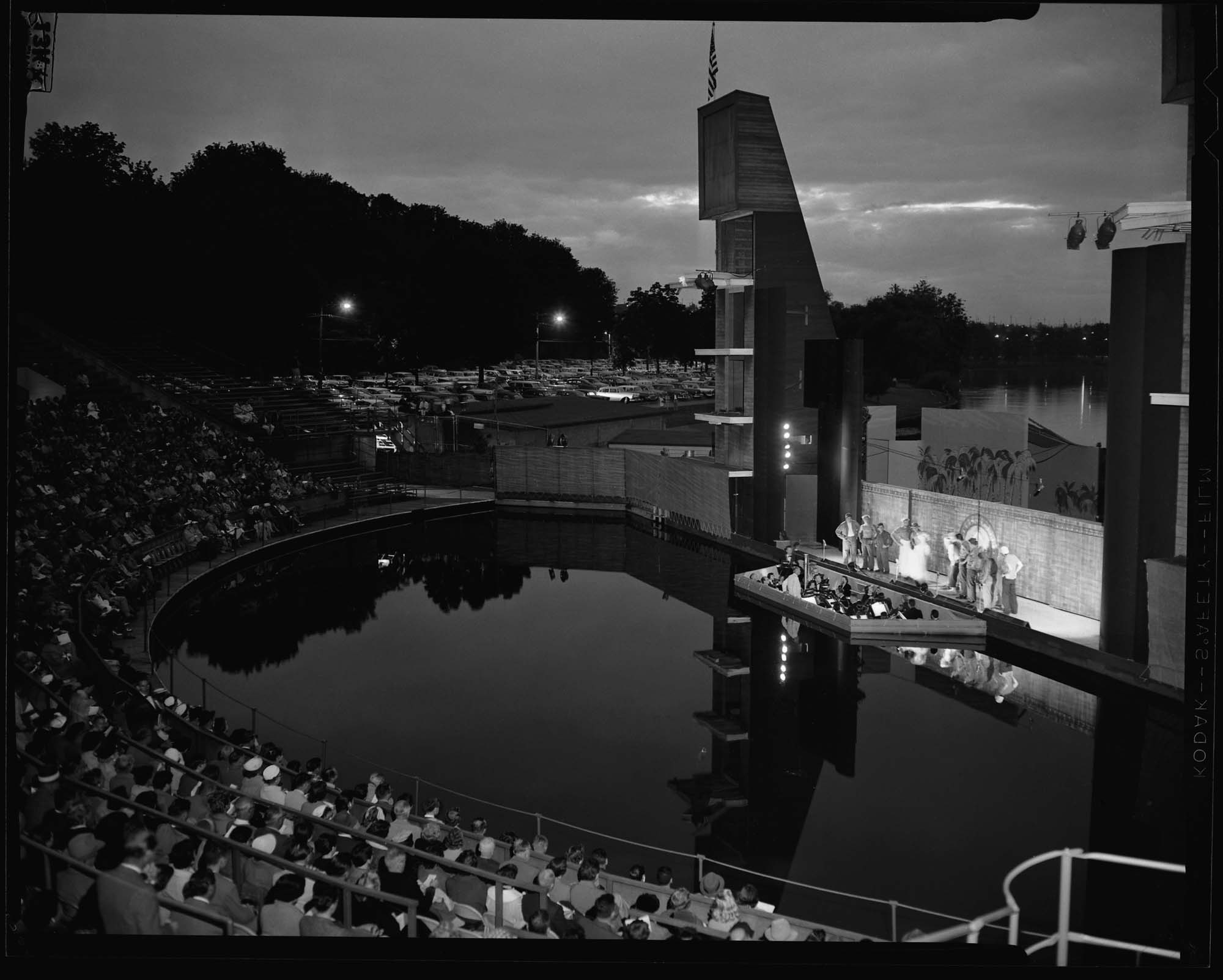 Image of Aqua Theatre at Green Lake during a production, Seattle, 1957