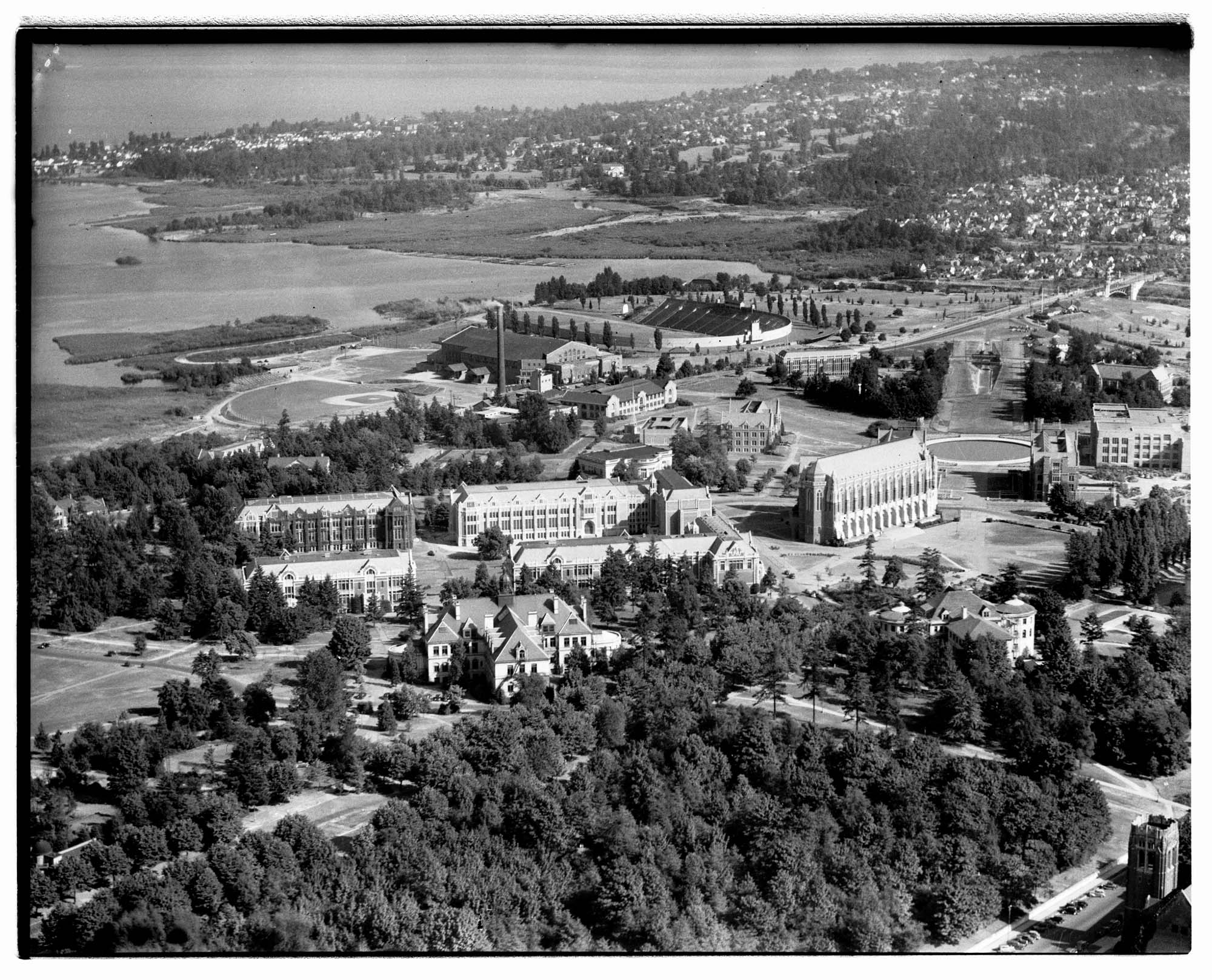 Image of Aerial view of University of Washington campus, looking southeast, Seattle, 1946