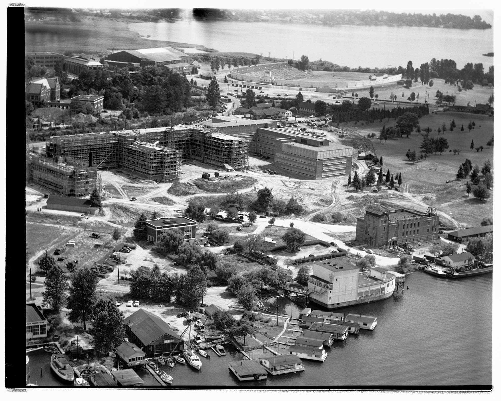 Image of Aerial view of U.W. School of Medicine under construction, looking northeast, Seattle, 1948