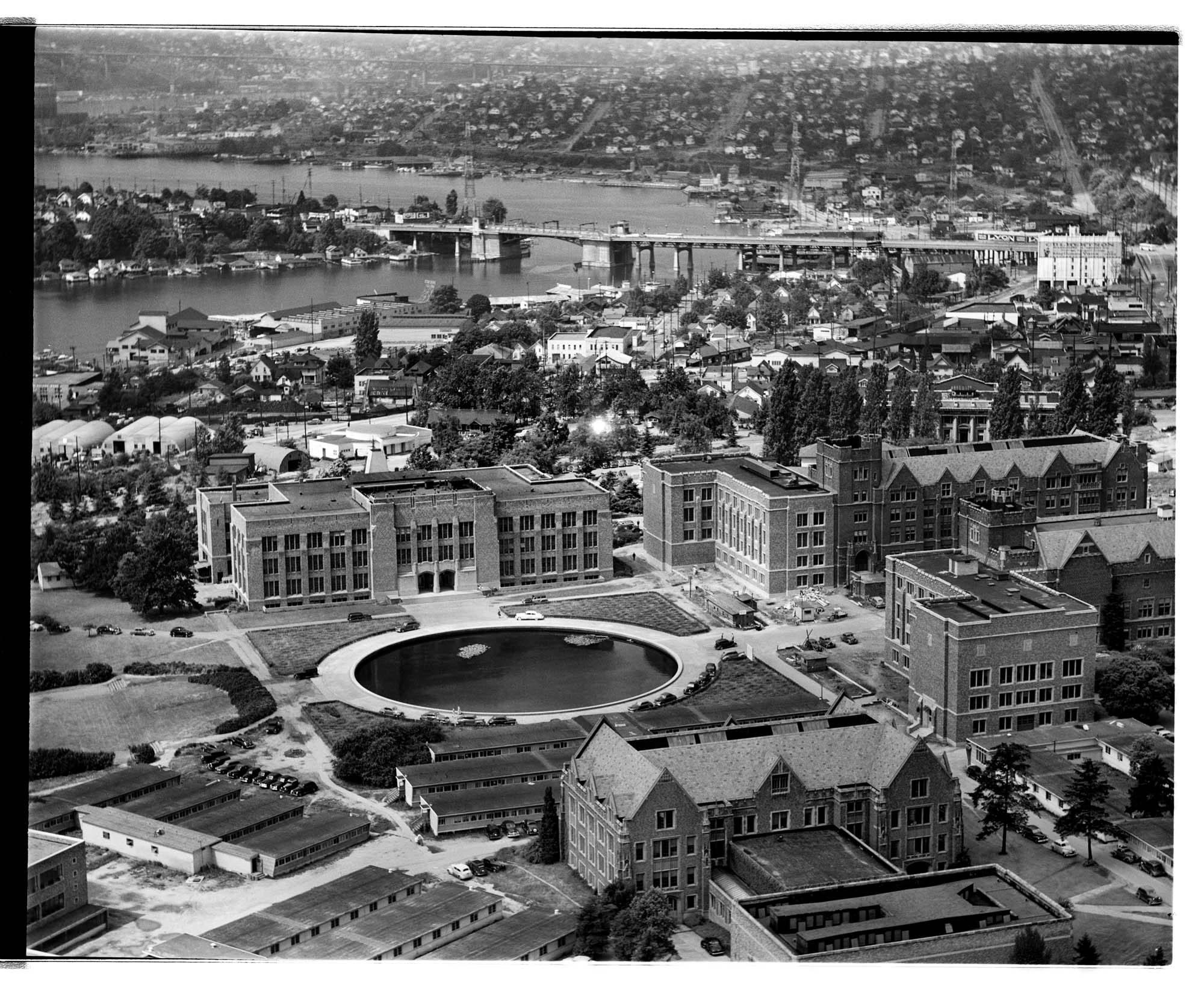 Image of Aerial view of University of Washington campus, looking southwest, Seattle, 1948
