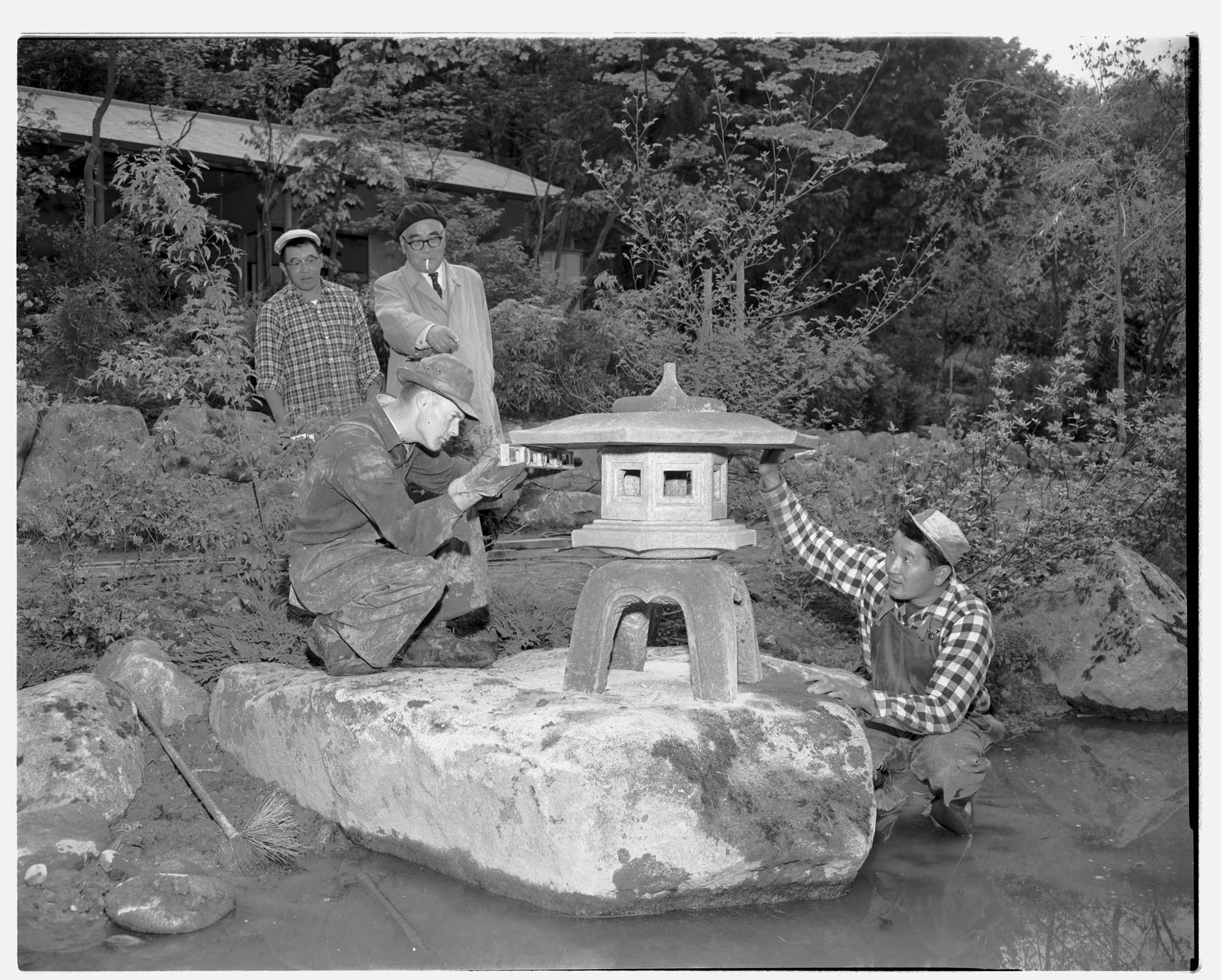 Image of Washington Park Arboretum showing Japanese teahouse garden landscaping, Seattle, 1960