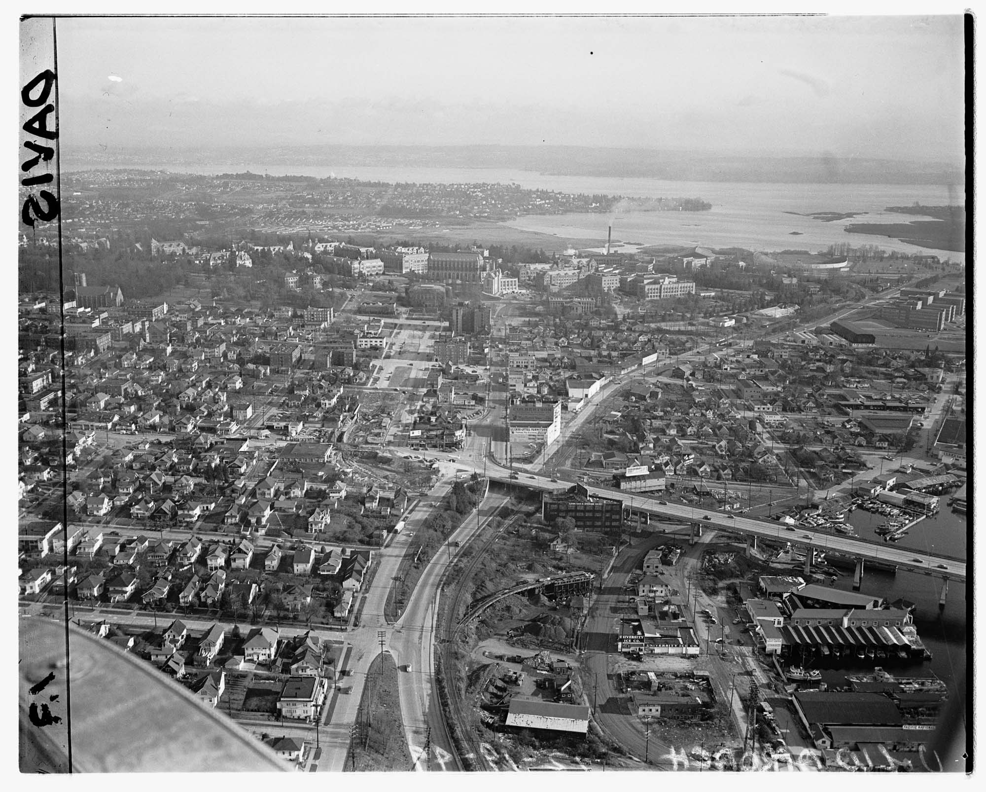 Image of Aerial view of the University of Washington looking east, Seattle, 1949