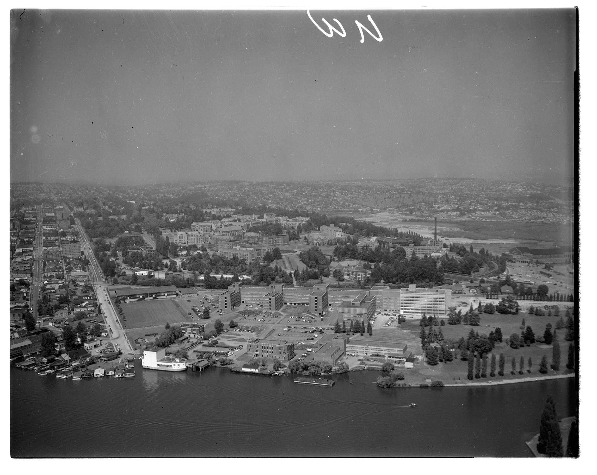 Image of Aerial view of the University of Washington looking north, Seattle, 1955